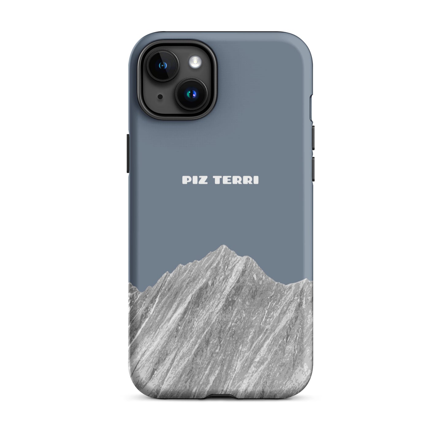 Robuste iPhone 15 Plus Handyhülle in Schiefergrau mit mattem Finish, Piz Terri Design, Vorderansicht.