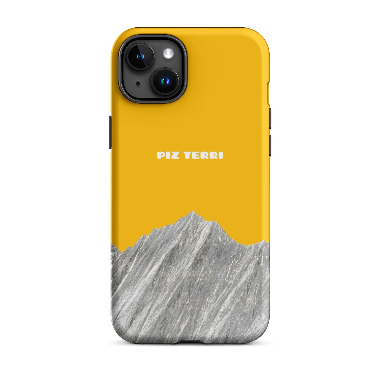 Matte Handyhülle für iPhone 15 Plus in Goldgelb mit Piz Terri Motiv.