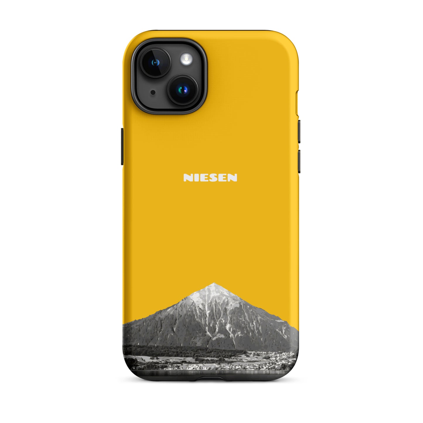 Goldgelbe iPhone 15 Plus Handyhülle mit Niesen-Motiv und Thunersee-Druck, mattierte Oberfläche
