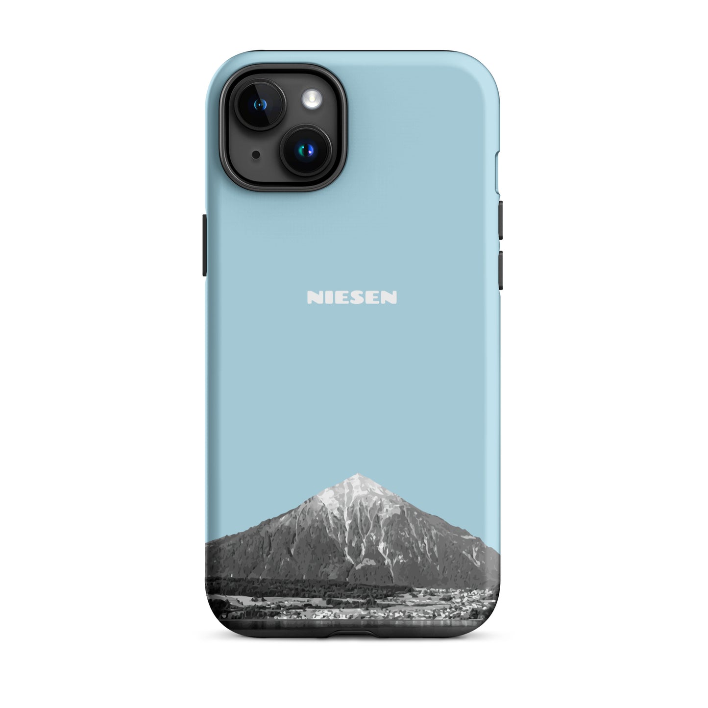 Matte Handyhülle für iPhone 15 Plus in Hellblau mit Niesen-Motiv aus dem Berner Oberland.