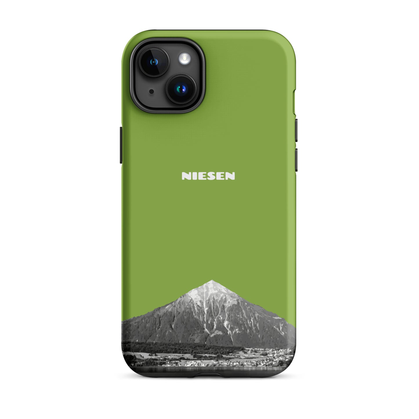 Gelbgrüne iPhone 15 Plus Handyhülle mit Niesen-Motiv, matt, stoßfest