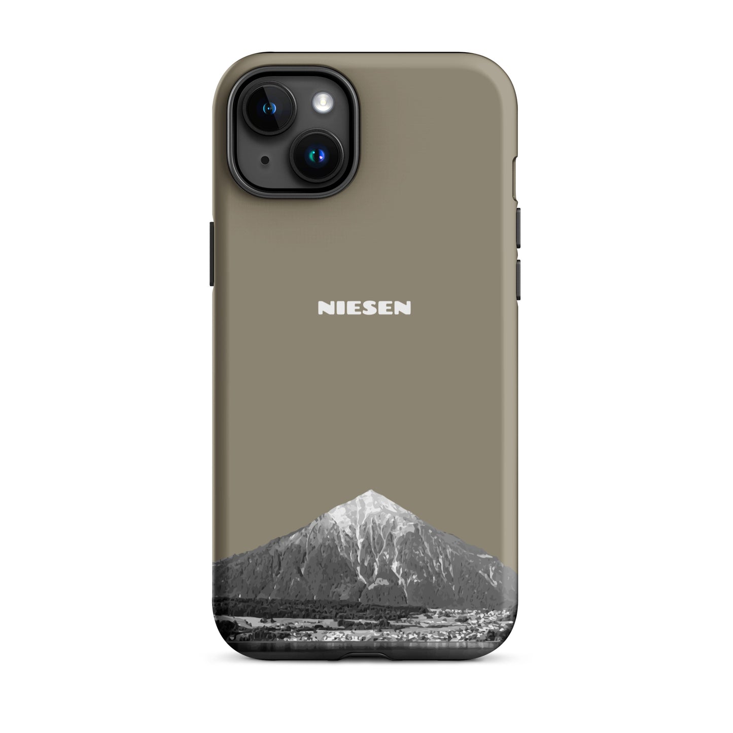 Graubraune iPhone 15 Plus Handyhülle mit Niesen-Motiv, matt, robust, Berner Oberland Design.