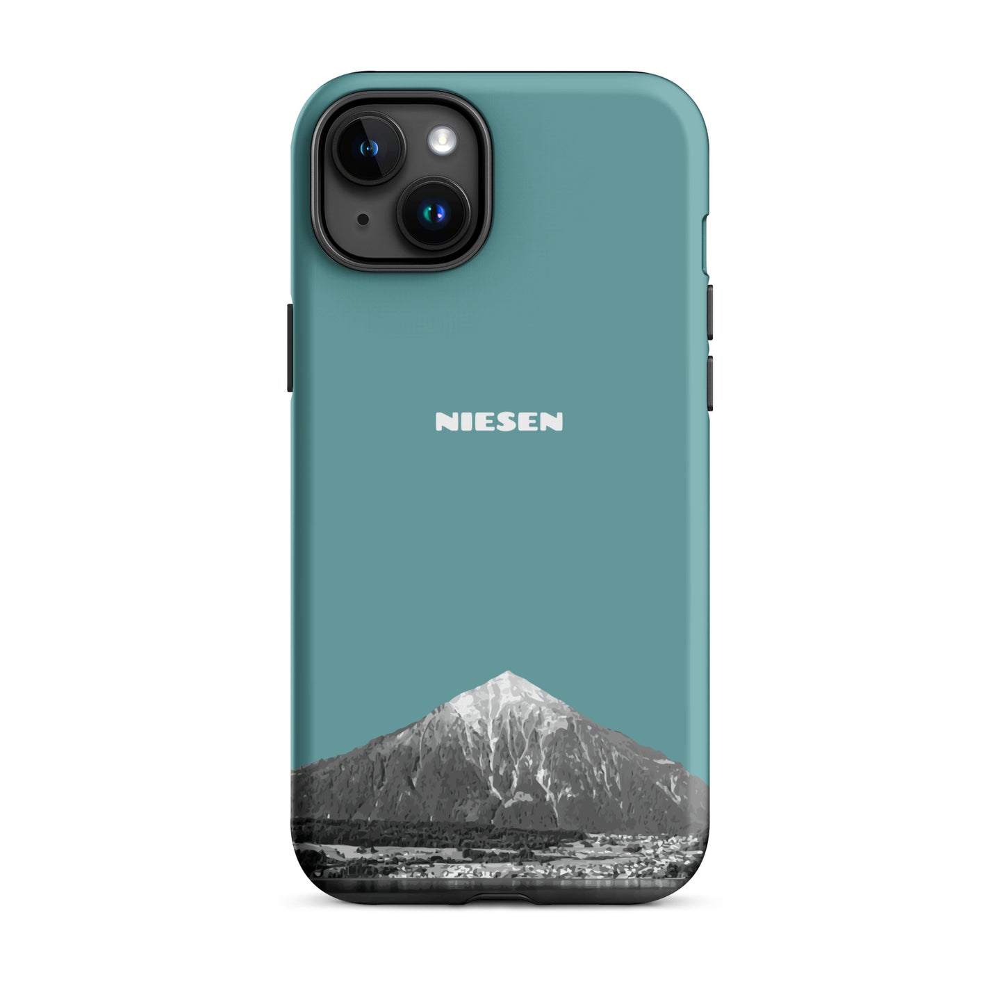 Kadettenblaue iPhone 15 Plus Handyhülle mit Niesen-Motiv und mattem Finish.