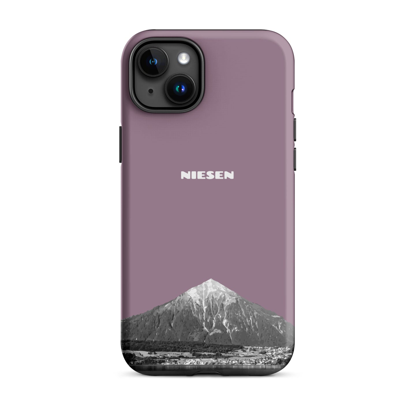 Pastellviolette iPhone 15 Plus Handyhülle mit mattem Finish und Niesen-Motiv aus dem Berner Oberland.