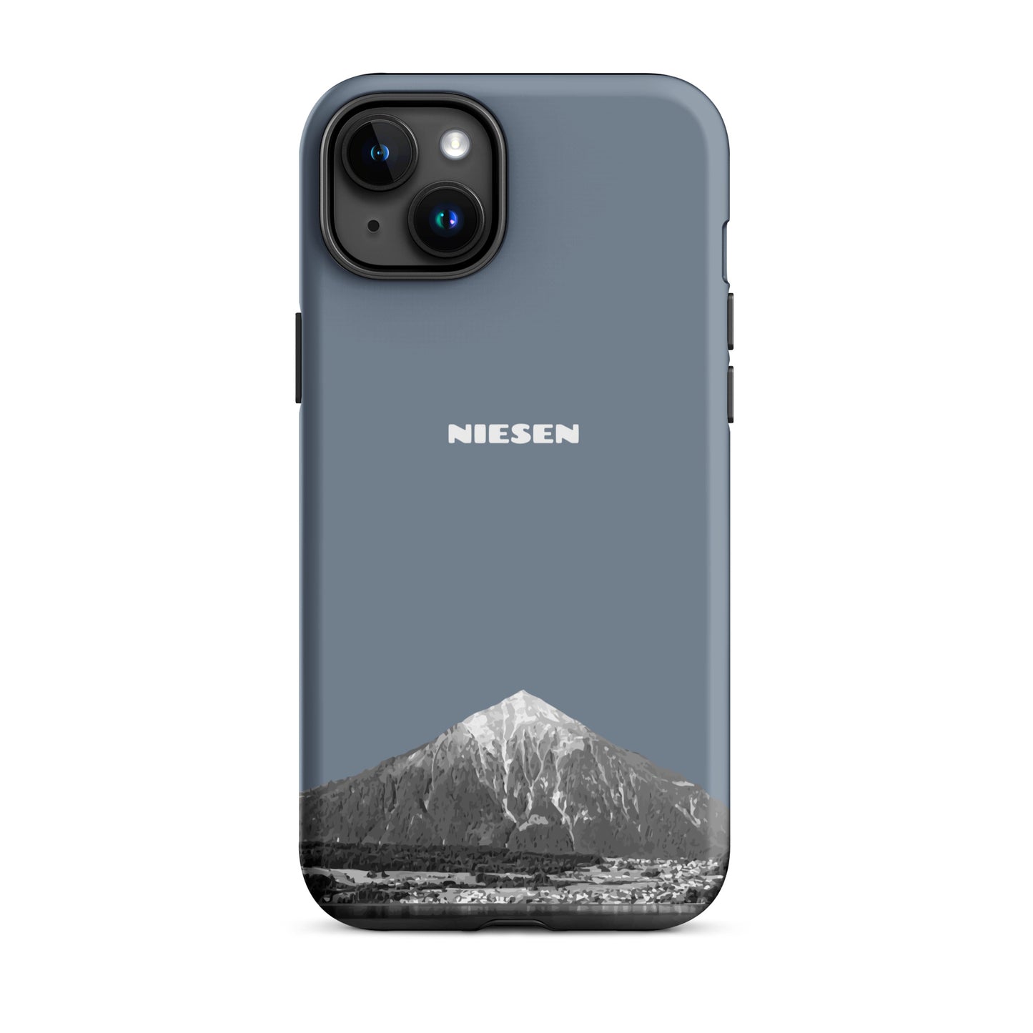 Schiefergraue iPhone 15 Plus Hülle mit Niesen-Motiv aus dem Berner Oberland