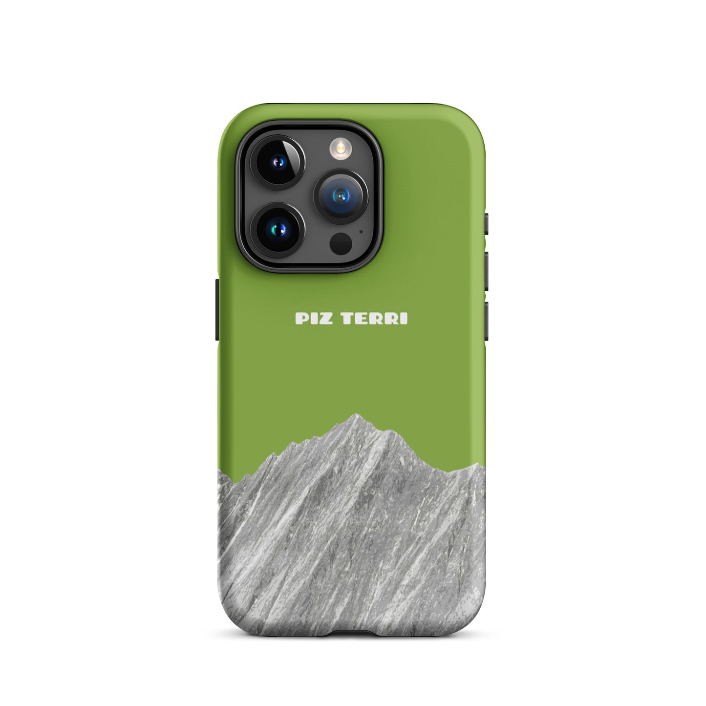 Gelbgrüne iPhone-Hülle mit Piz Terri Motiv, matt, für iPhone 15 Pro, Vorderansicht