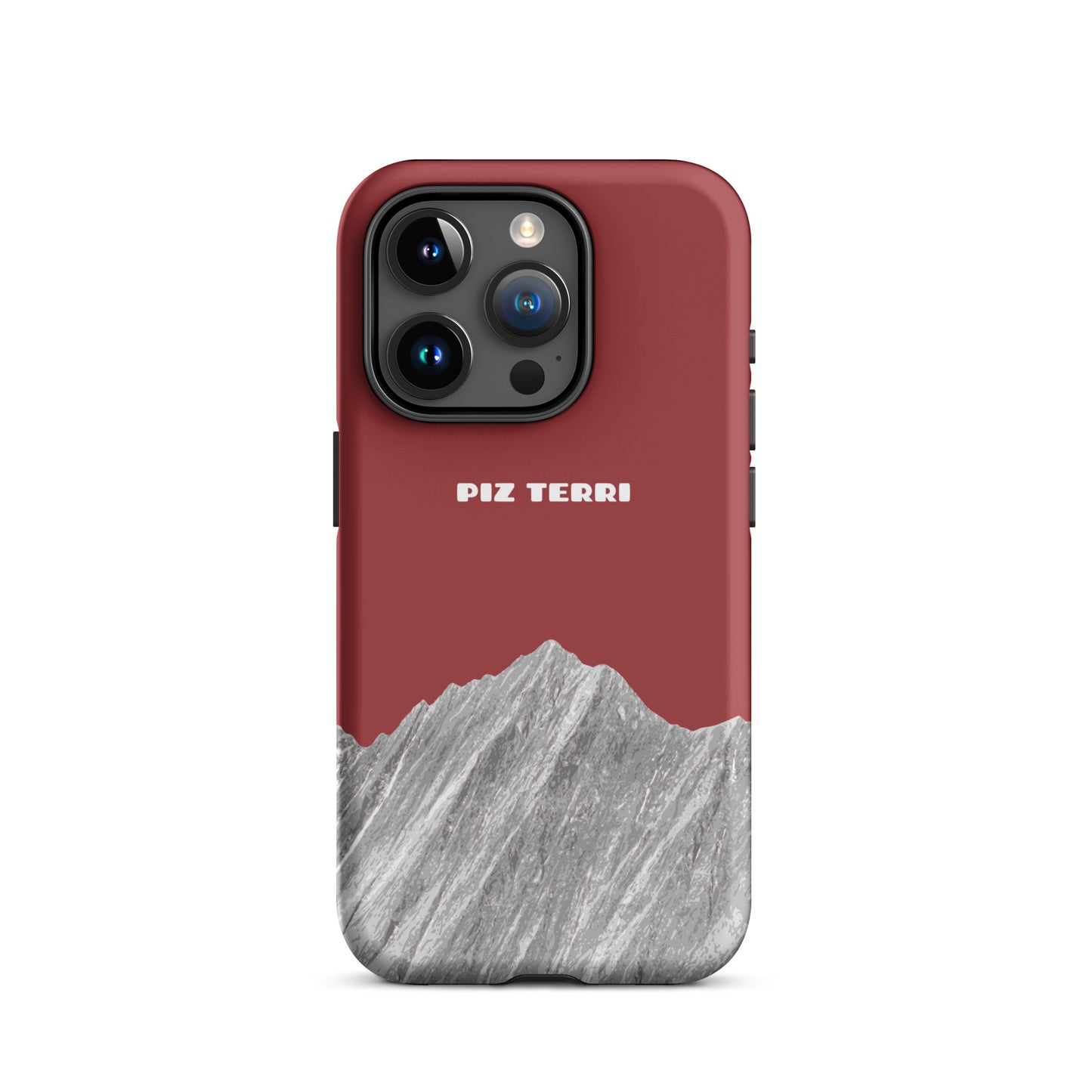 Robuste iPhone 15 Pro Handyhülle in Rot mit Piz Terri Motiv, mattierte Oberfläche, stoßfestes Design.