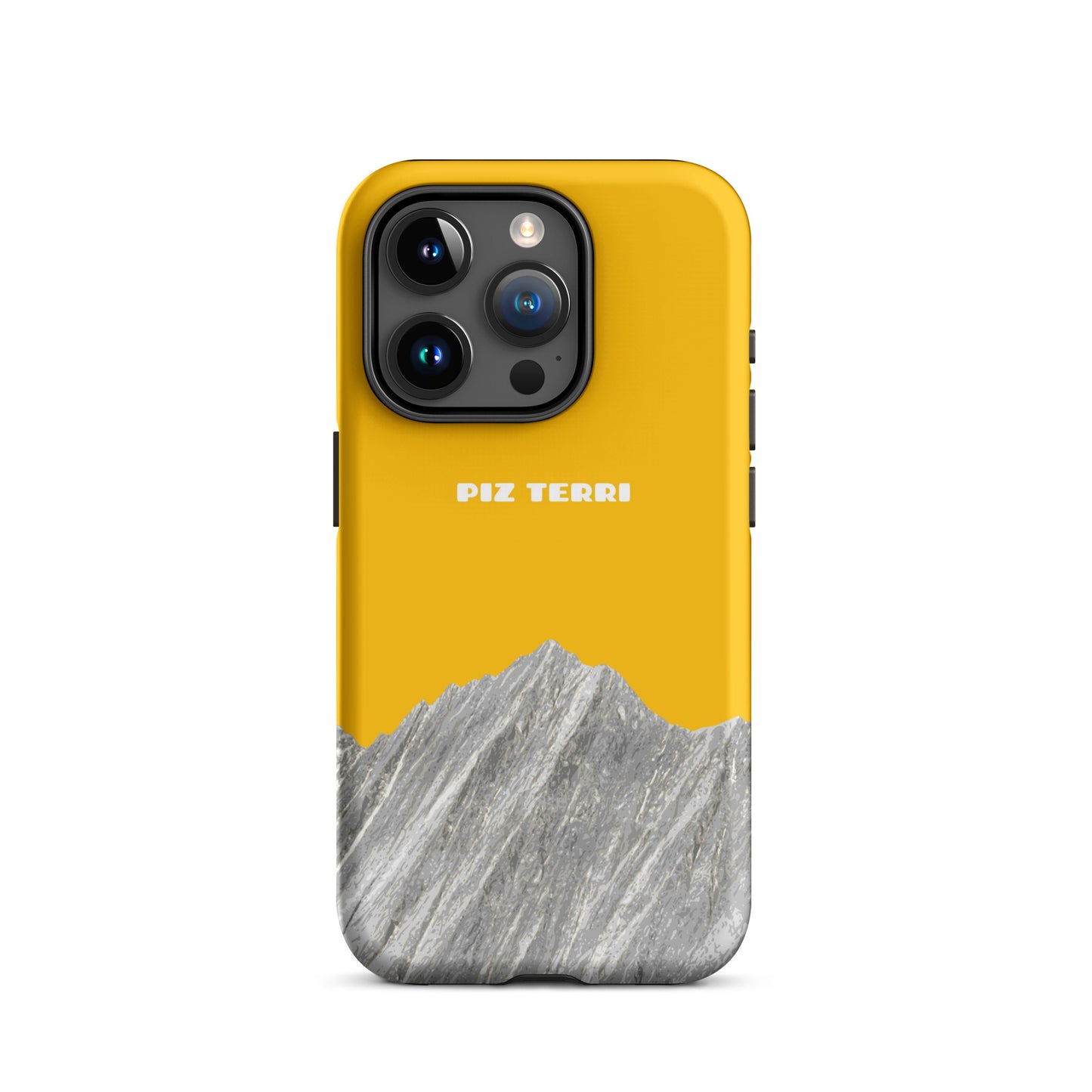 iPhone 15 Pro Huelle in Goldgelb mit Piz Terri Motiv, matt, robuste Handyhuelle