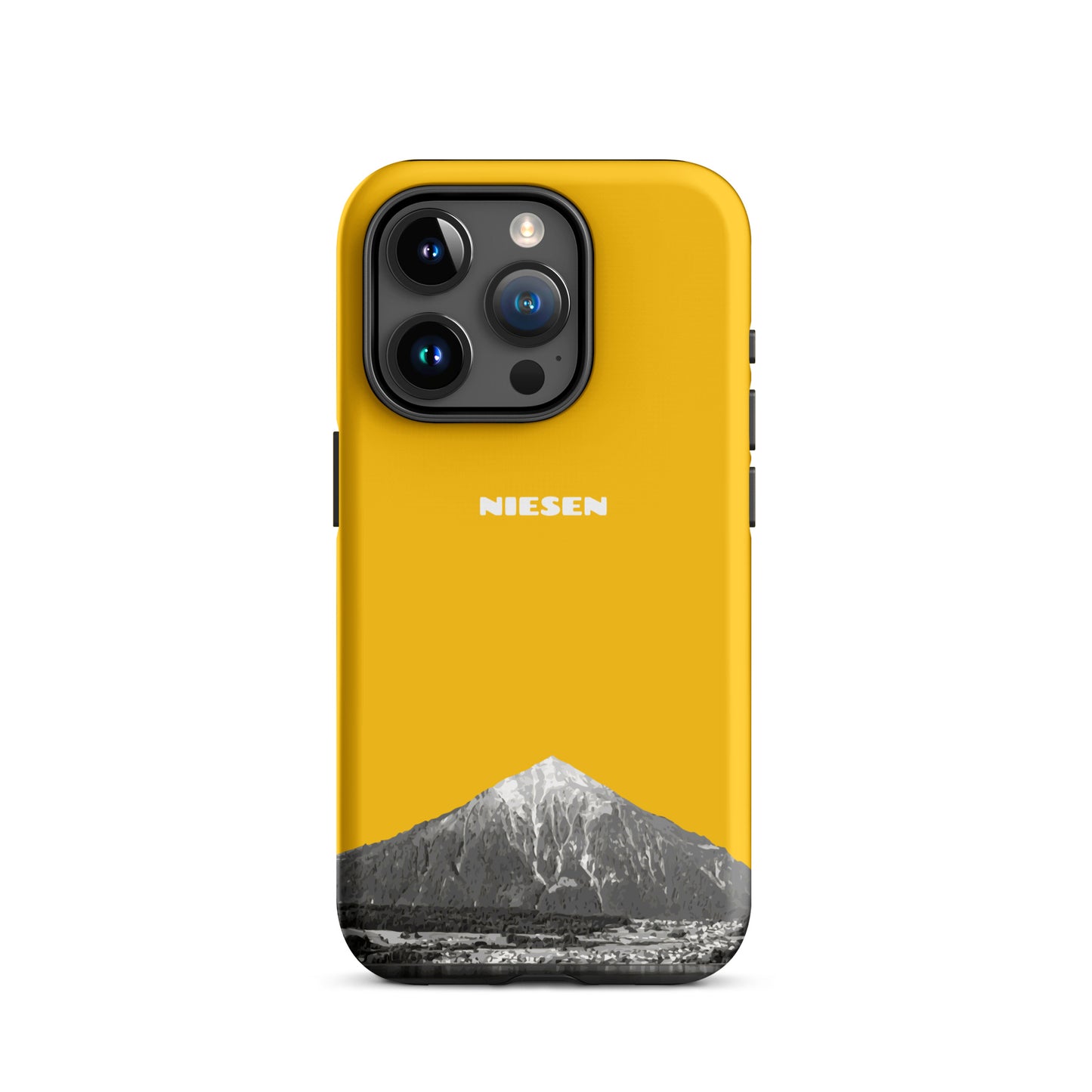 Goldgelbe iPhone 15 Pro Handyhülle mit matten Finish und Niesen-Motiv vom Thunersee im Berner Oberland
