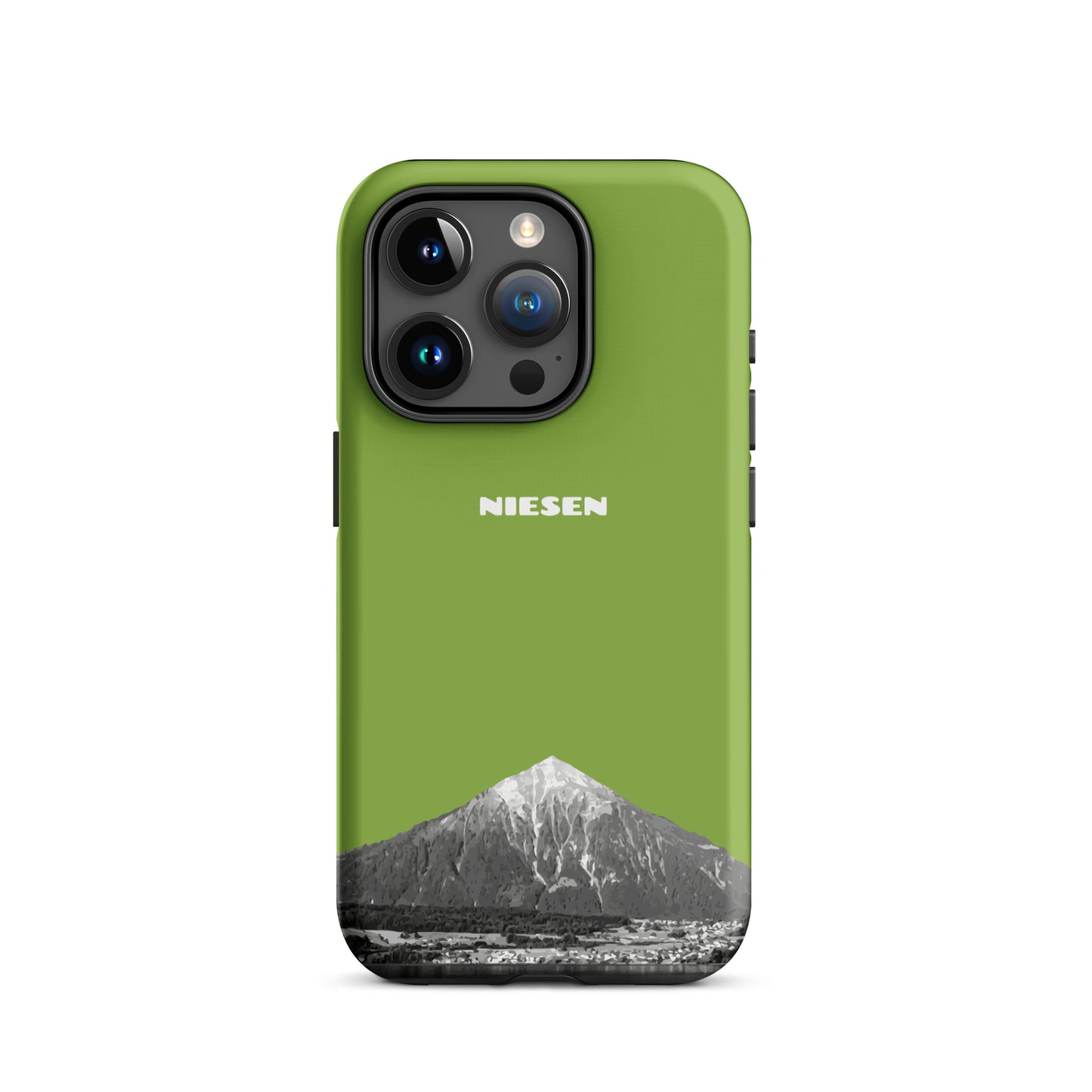 Gelbgrüne iPhone 15 Pro Handyhülle mit Niesen-Motiv, matt, robust, präzise Aussparungen.