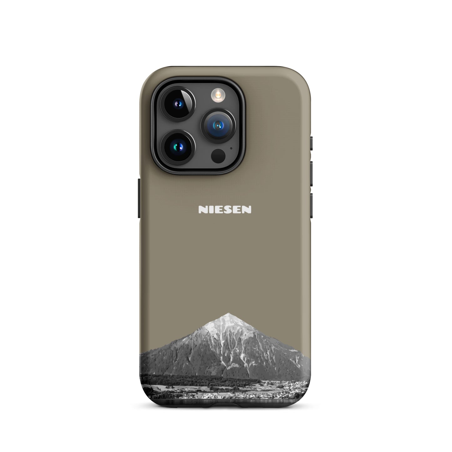 Graubraune iPhone 15 Pro Handyhülle mit matte Oberfläche und Niesen-Motiv aus dem Berner Oberland.