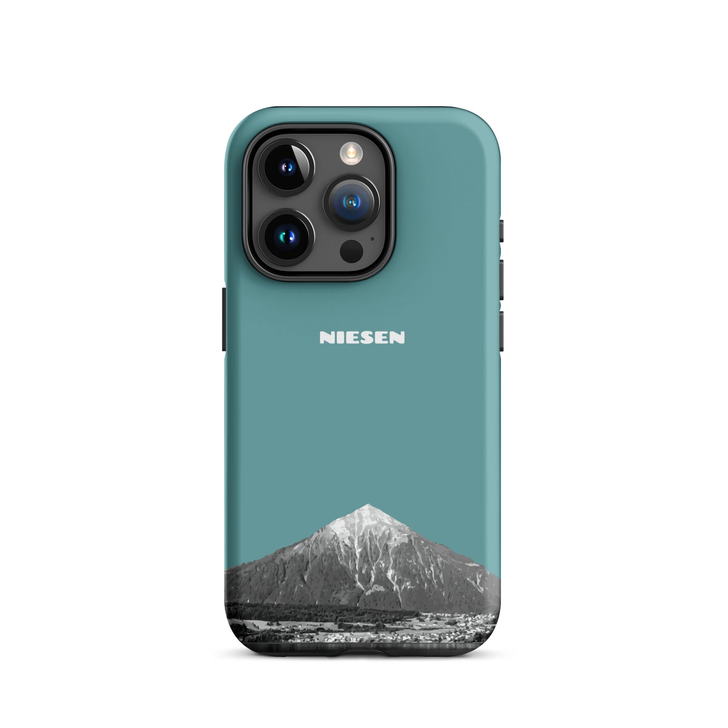 Matte iPhone 15 Pro Handyhülle in Kadettenblau mit Niesen-Motiv aus dem Berner Oberland.