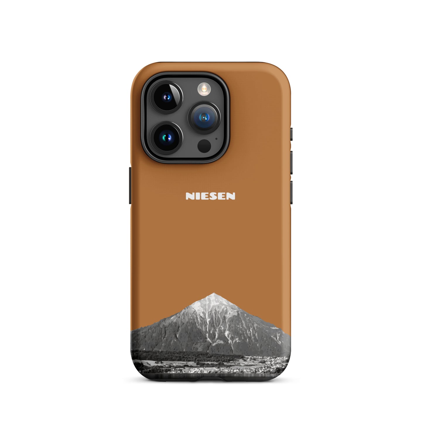 Matte iPhone 15 Pro Handyhülle in Kupfer mit Niesen-Motiv am Thunersee im Berner Oberland