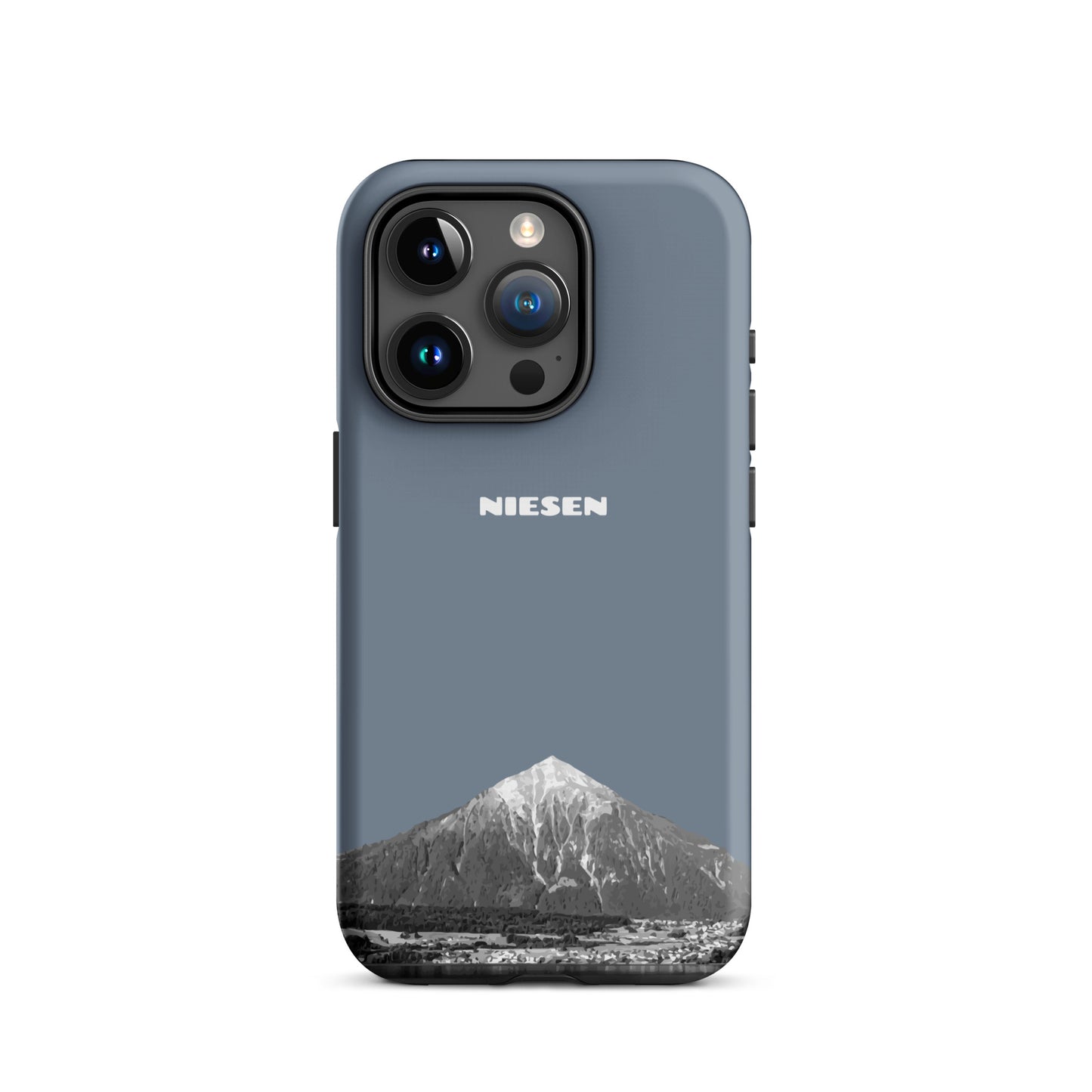 Robuste Handyhülle in Schiefergrau für iPhone 15 Pro mit mattem Finish und Niesen-Motiv.