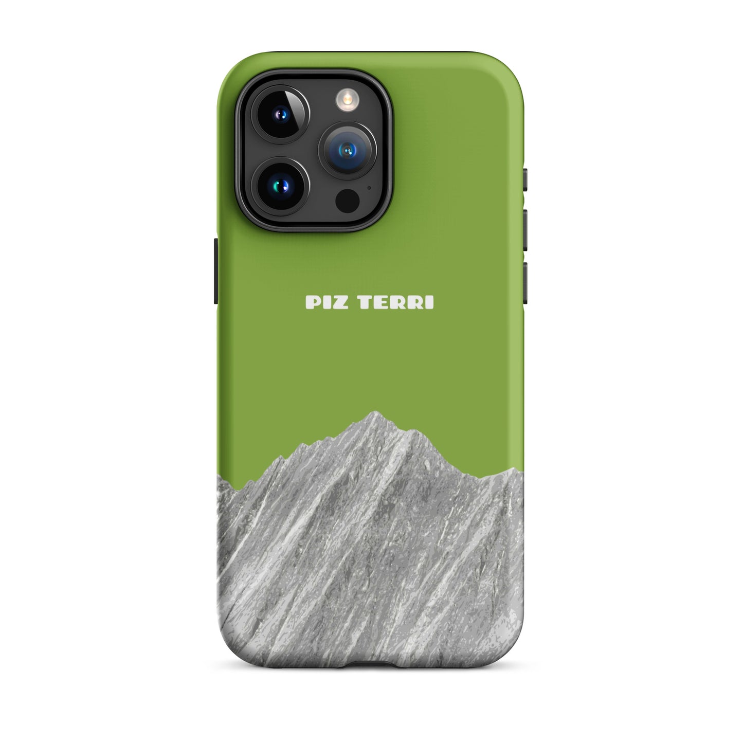 Gelbgrüne iPhone 15 Pro Max Hülle mit Piz Terri Motiv aus recyceltem Kunststoff.