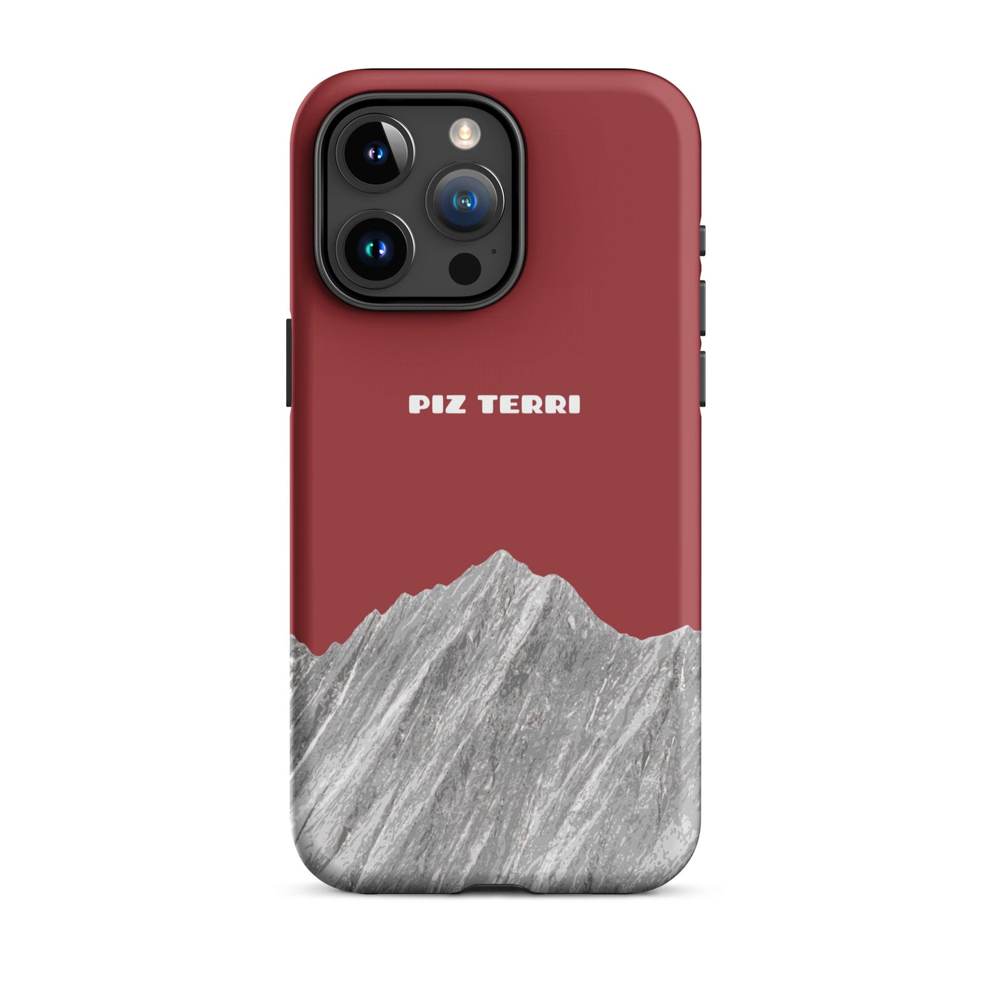 Robuste iPhone 15 Pro Max Hülle in Rot mit Piz Terri Motiv, mattierte Oberfläche