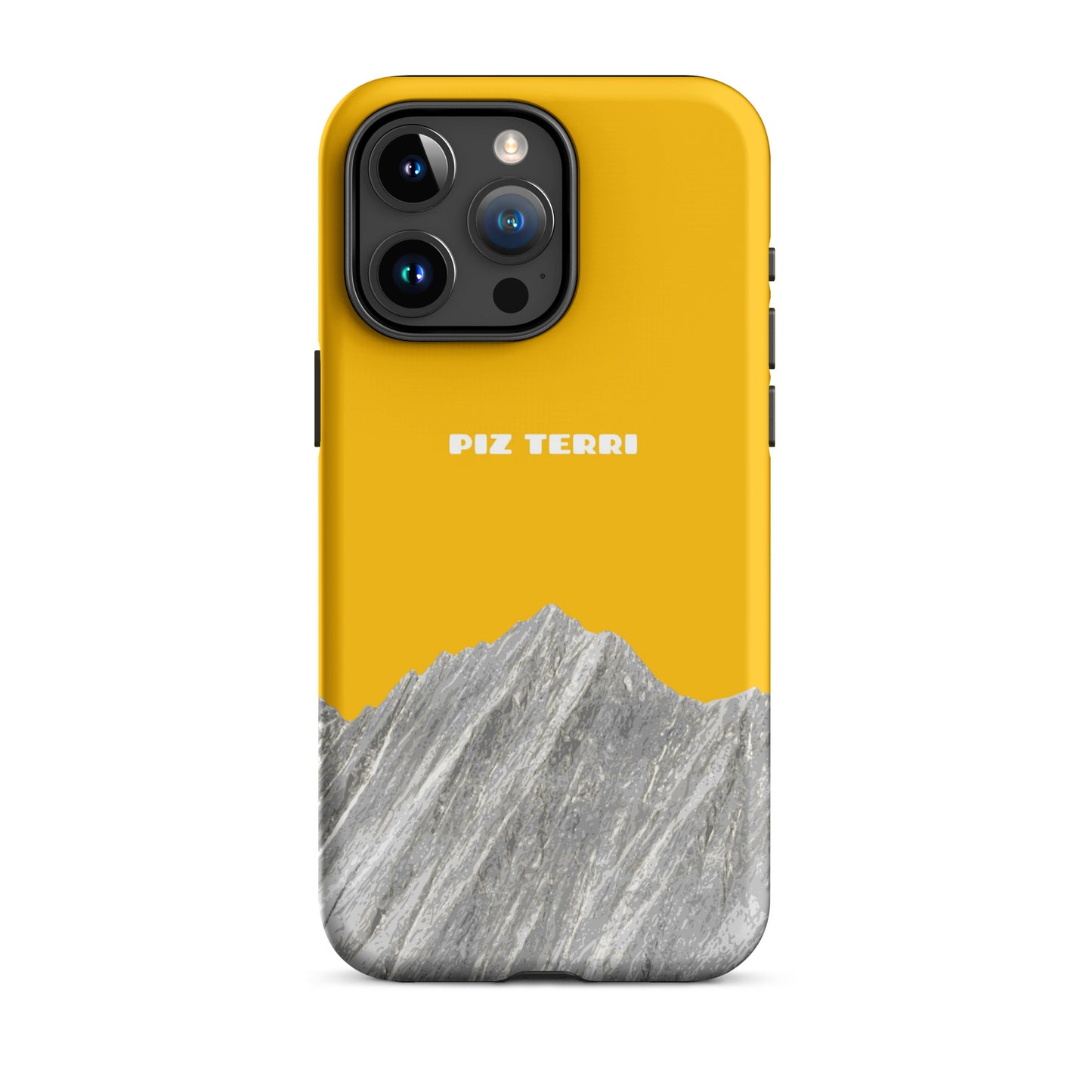 Goldgelbe iPhone Handyhülle mit Piz Terri Motiv in matter Oberfläche