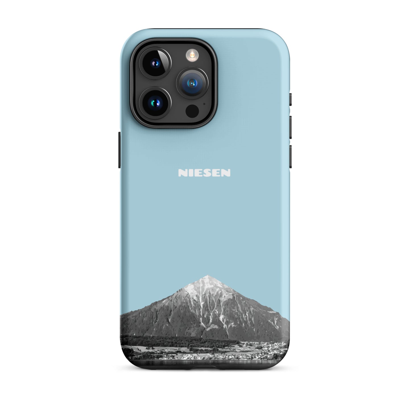 Matte Handyhülle für Apple iPhone 15 Pro Max in Hellblau mit Niesen-Motiv am Thunersee im Berner Oberland.