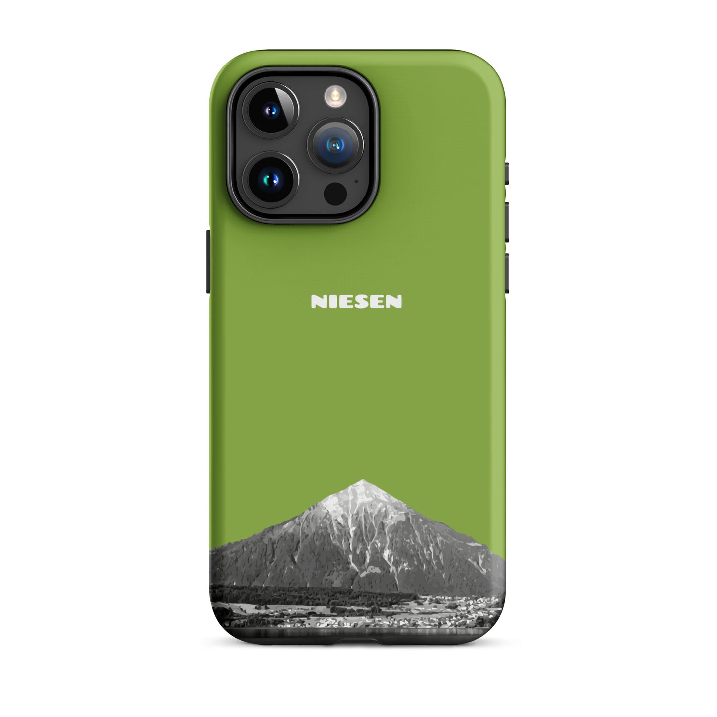 Matte Handyhülle für iPhone 15 Pro Max in Gelbgrün mit Niesen-Motiv aus dem Berner Oberland.