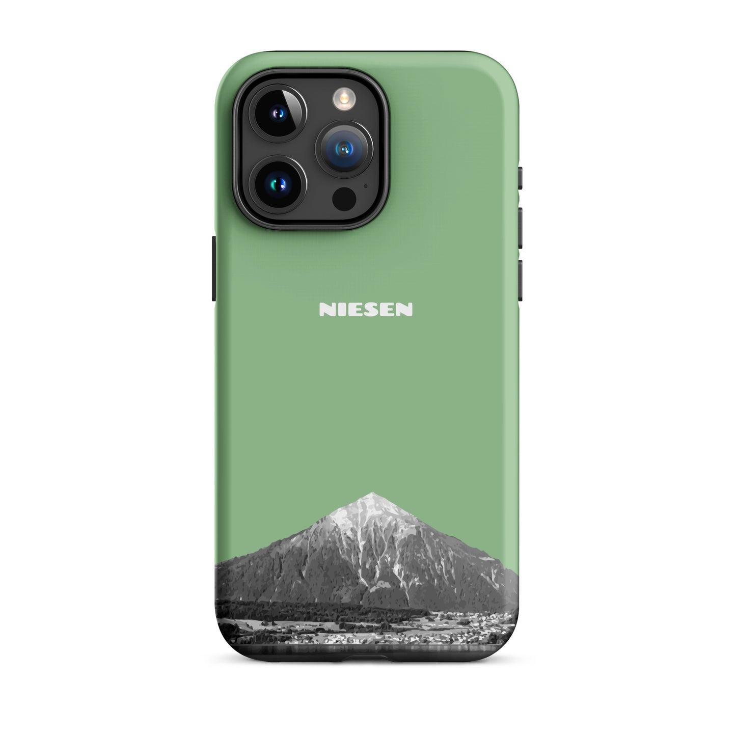 Matte Handyhülle für iPhone 15 Pro Max in Hellgrün mit Niesen-Motiv am Thunersee, Berner Oberland.