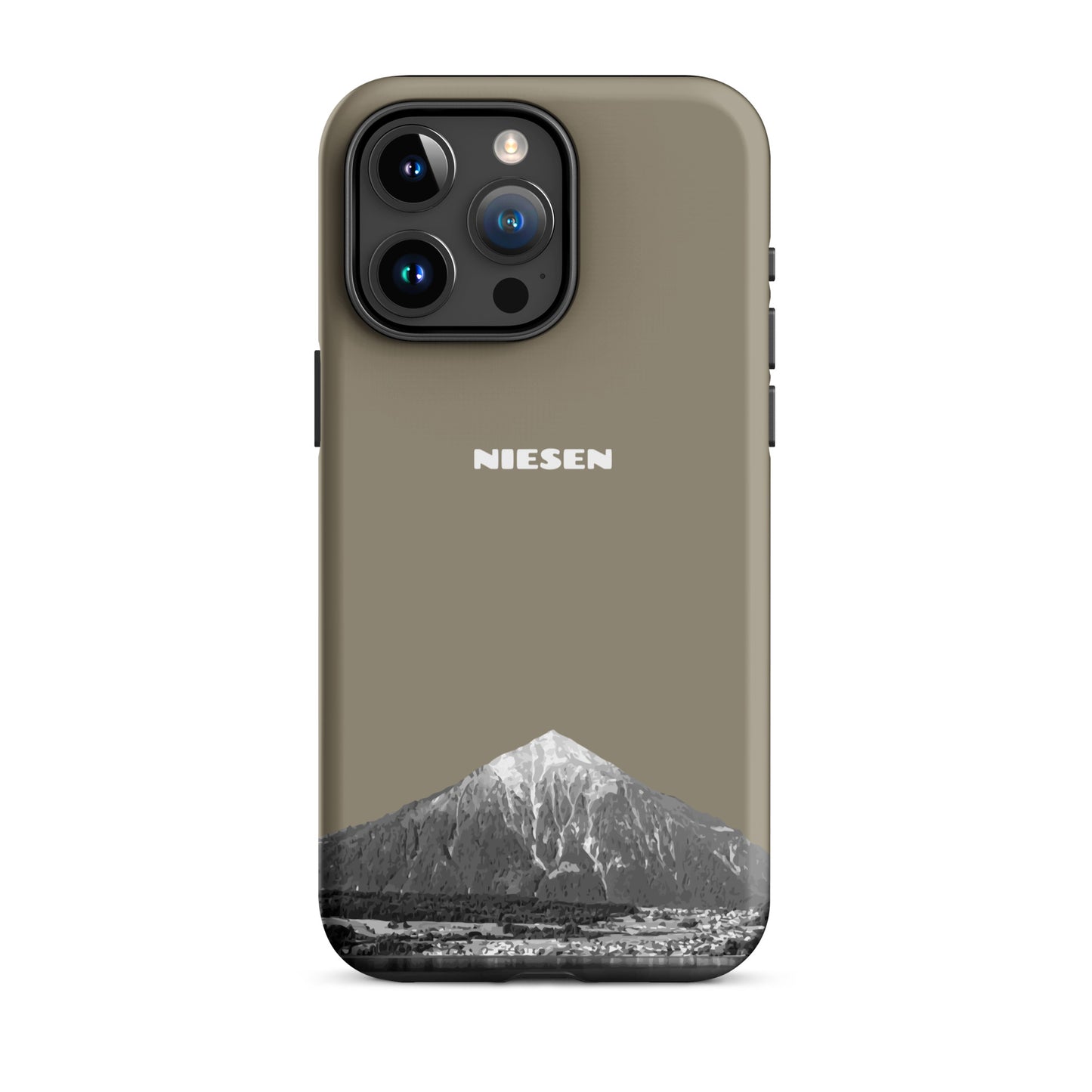 Graubraune iPhone 15 Pro Max Handyhülle mit Niesen-Motiv, matt, stoßfest.