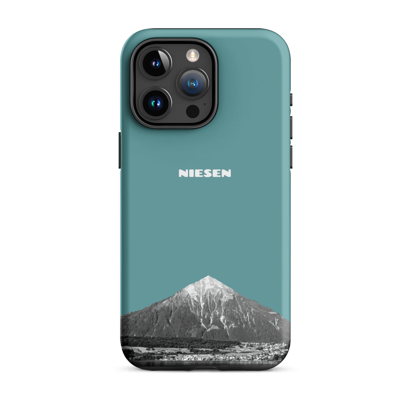 Matte iPhone 15 Pro Max Handyhülle in Kadettenblau mit Niesen-Motiv aus dem Berner Oberland.