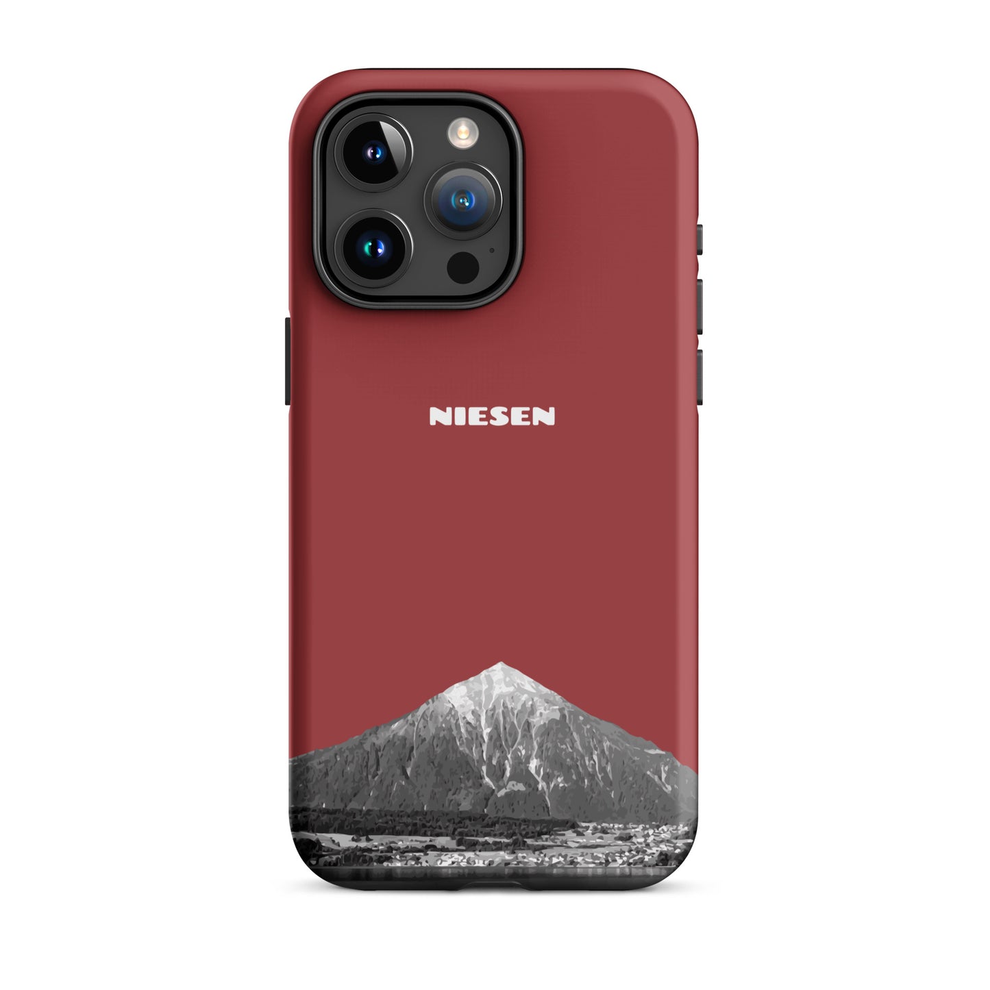 Rote iPhone 15 Pro Max Handyhülle mit matte Oberfläche und Niesen-Motiv aus dem Berner Oberland.