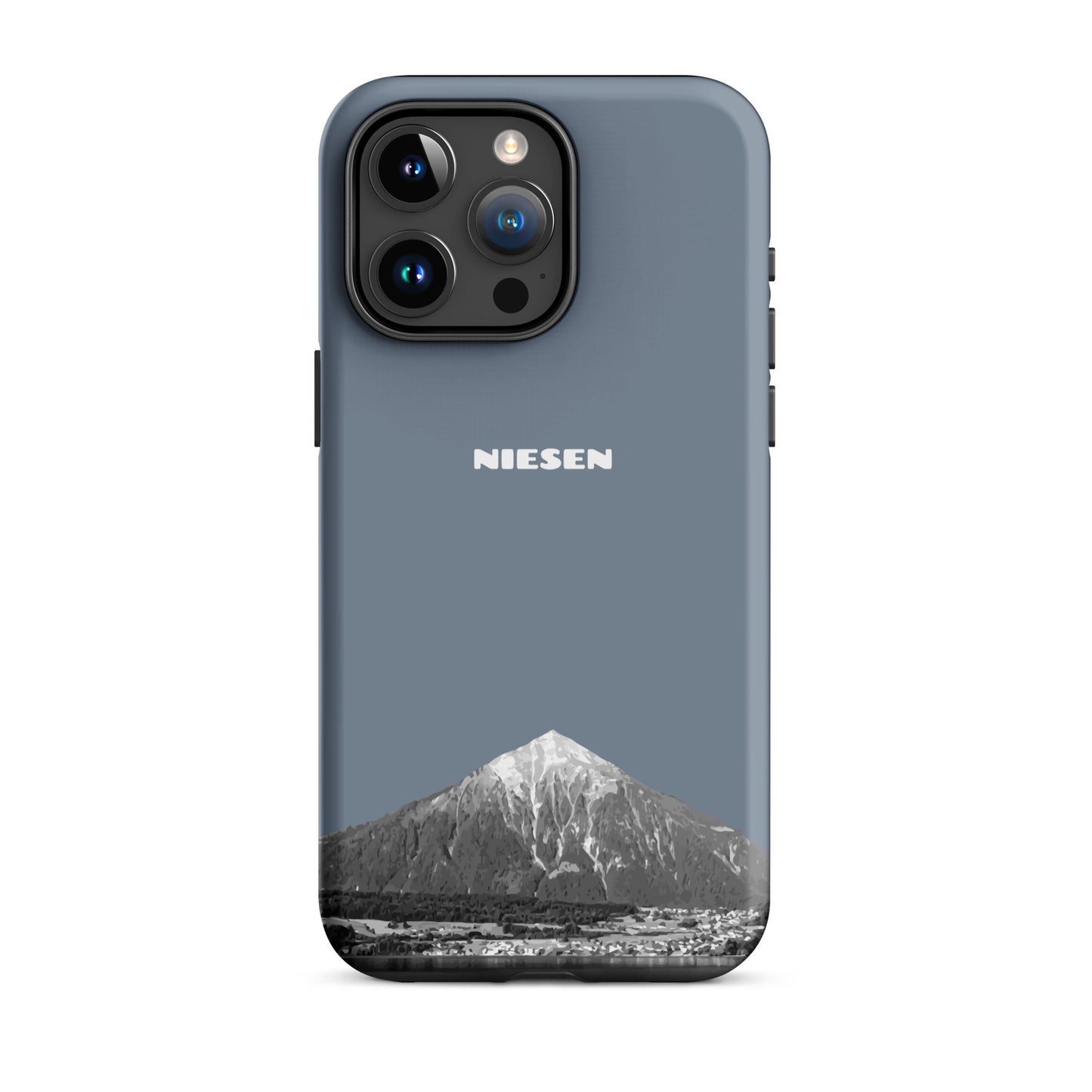 Schiefergraue iPhone 15 Pro Max Hülle mit Niesen-Motiv, matt, stoßfest, präzise Aussparungen