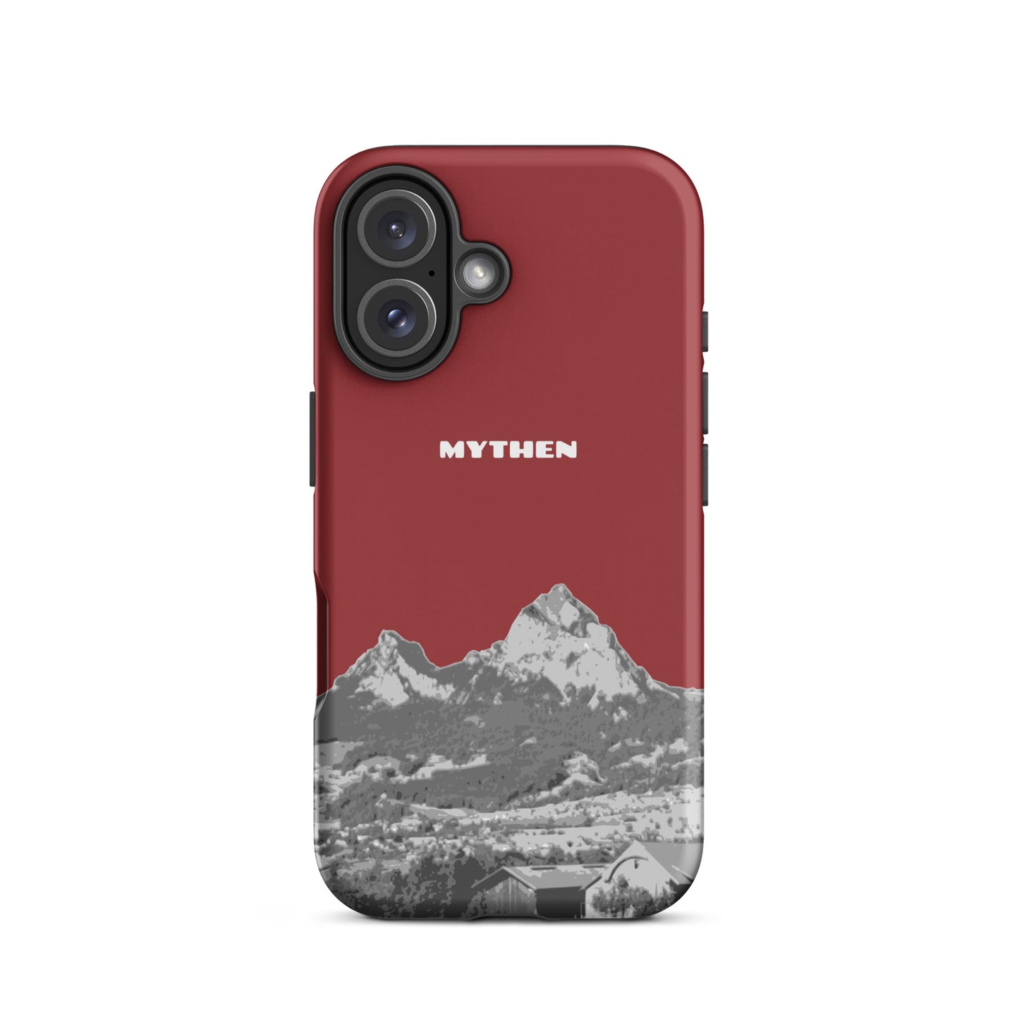 Rote iPhone-Hülle mit Mythen-Motiv, matt, robust, für iPhone 16, Vorderansicht