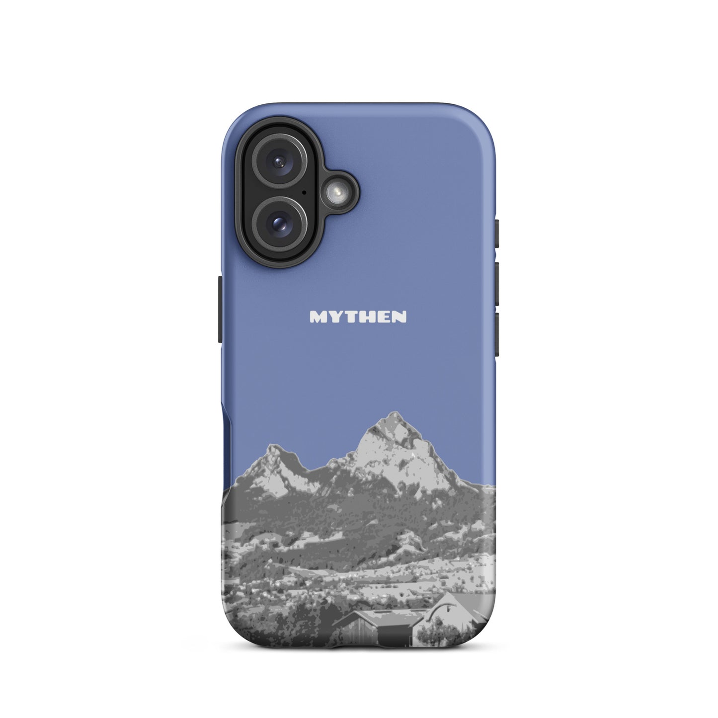 Matte Handyhülle für iPhone 16 in Pastellblau mit Mythen-Design, Vorderansicht.