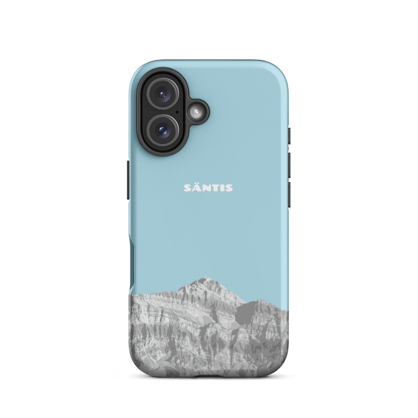 Matte Handyhülle für iPhone 16 in Hellblau mit Säntis-Print