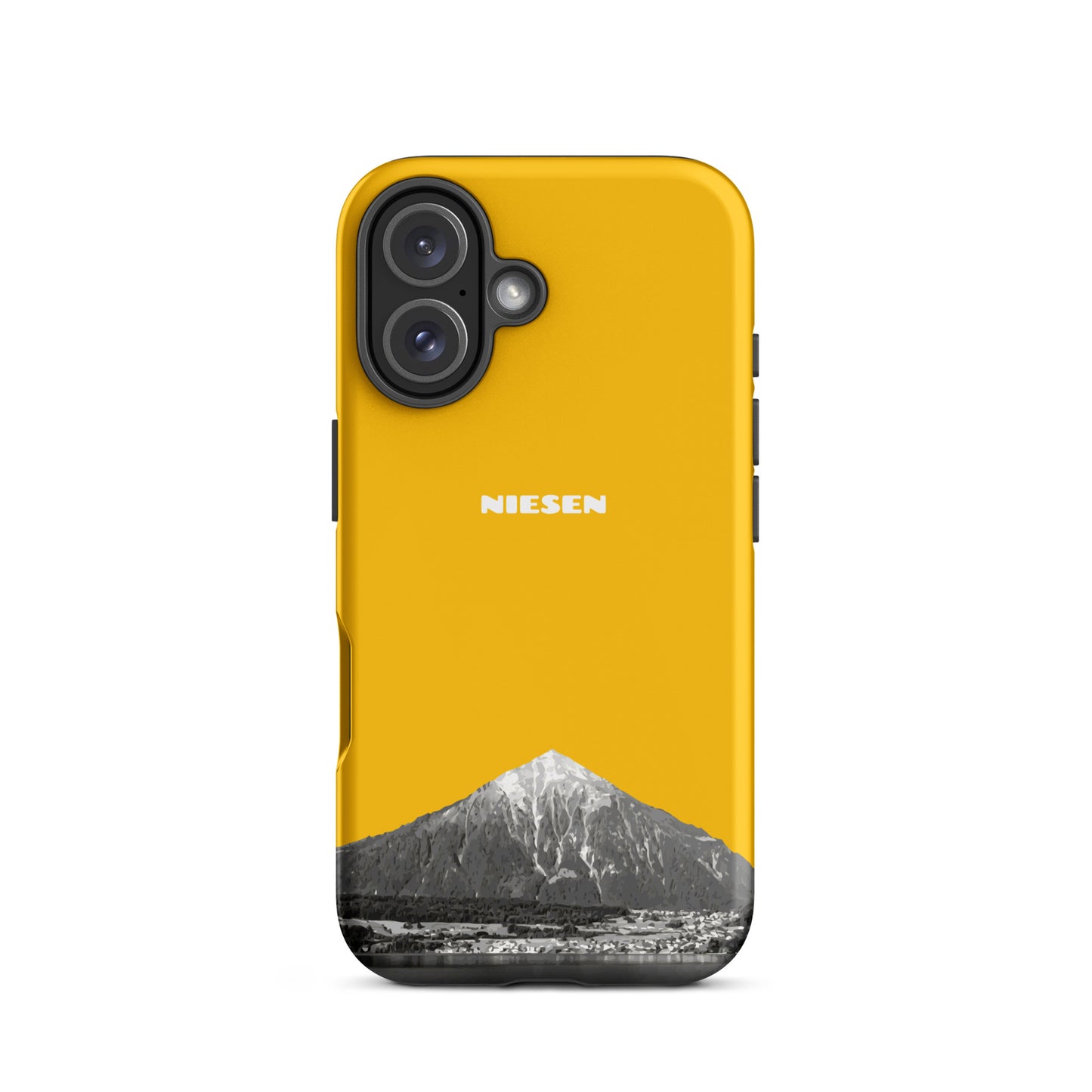 Goldgelbe iPhone 16 Hülle mit mattem Finish und Niesen-Motiv, Thunersee Panorama.