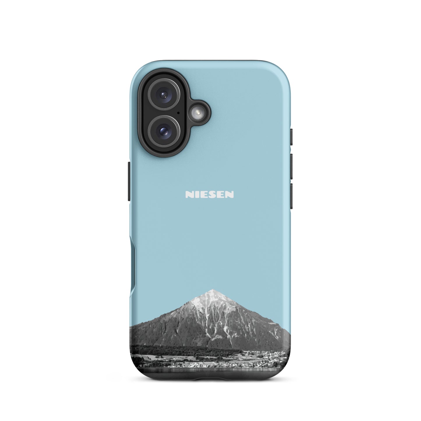 Matte iPhone 16 Handyhülle in Hellblau mit Niesen-Motiv aus dem Berner Oberland.
