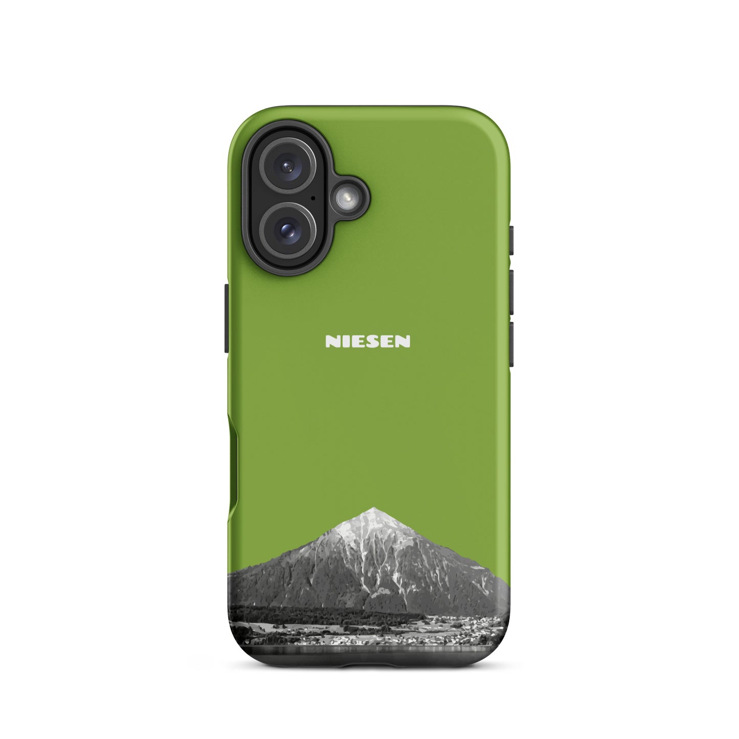 Gelbgrüne iPhone 16 Hülle mit Niesen-Motiv. Mattierte Oberfläche, präzise Aussparungen, stoßfestes Design.