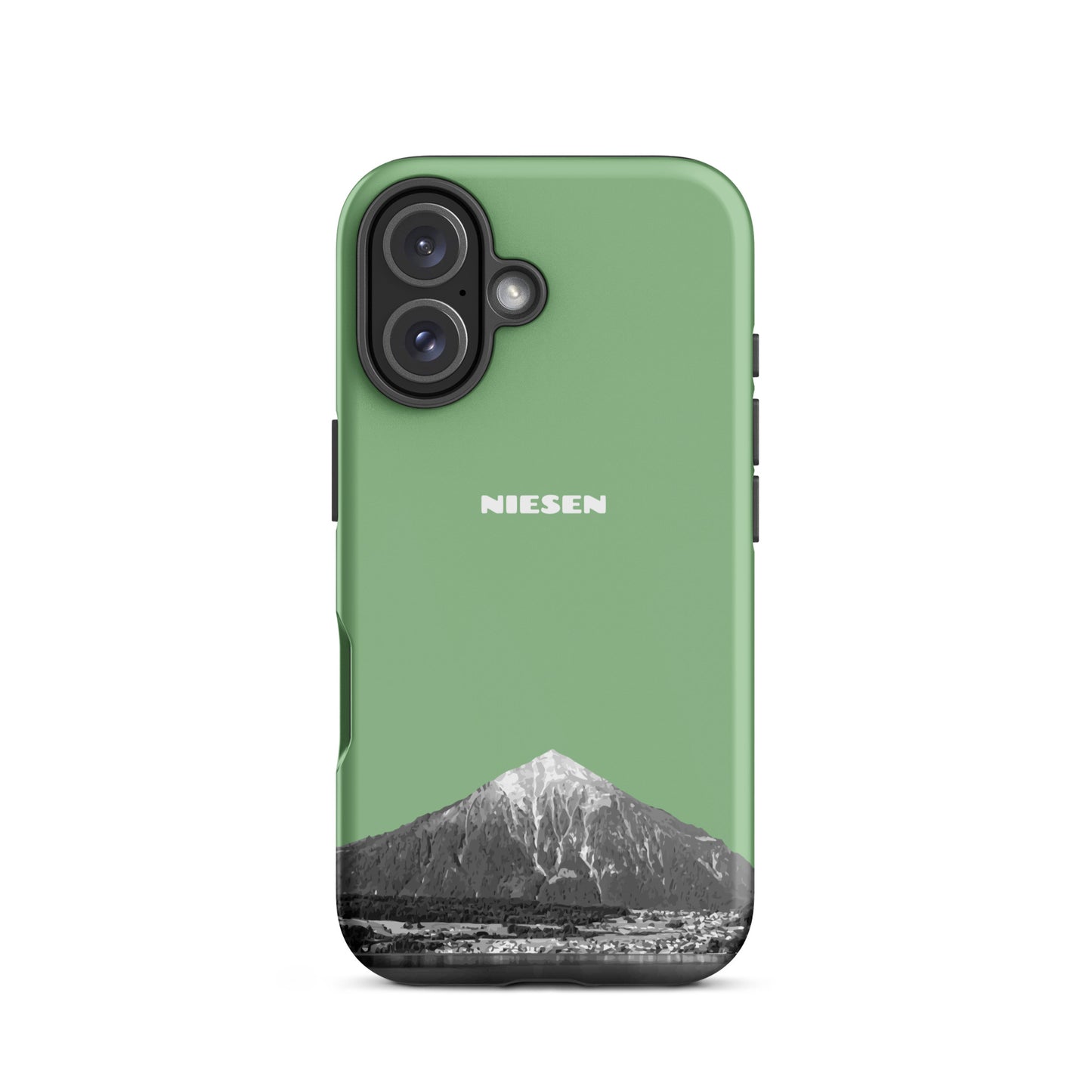 Matte Handyhülle in Hellgrün für iPhone 16 mit Niesen-Motiv am Thunersee.