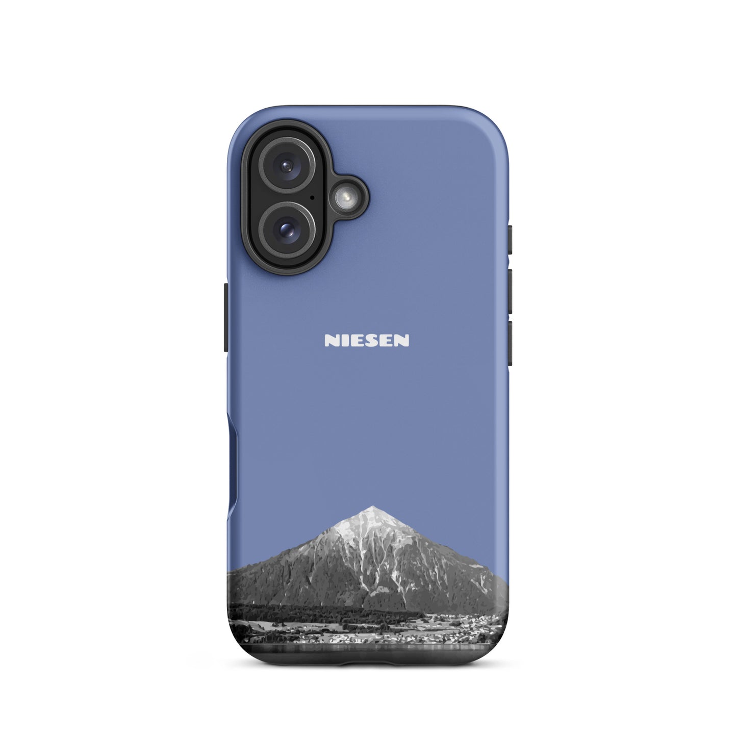 Matte iPhone 16 Handyhülle in Pastellblau mit Niesen-Motiv aus dem Berner Oberland.