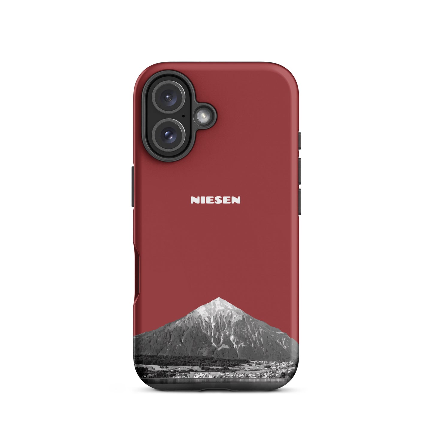 Rote iPhone 16 Hülle mit Niesen-Motiv, matt, stoßfest, präzise Aussparungen, Swiss Design.