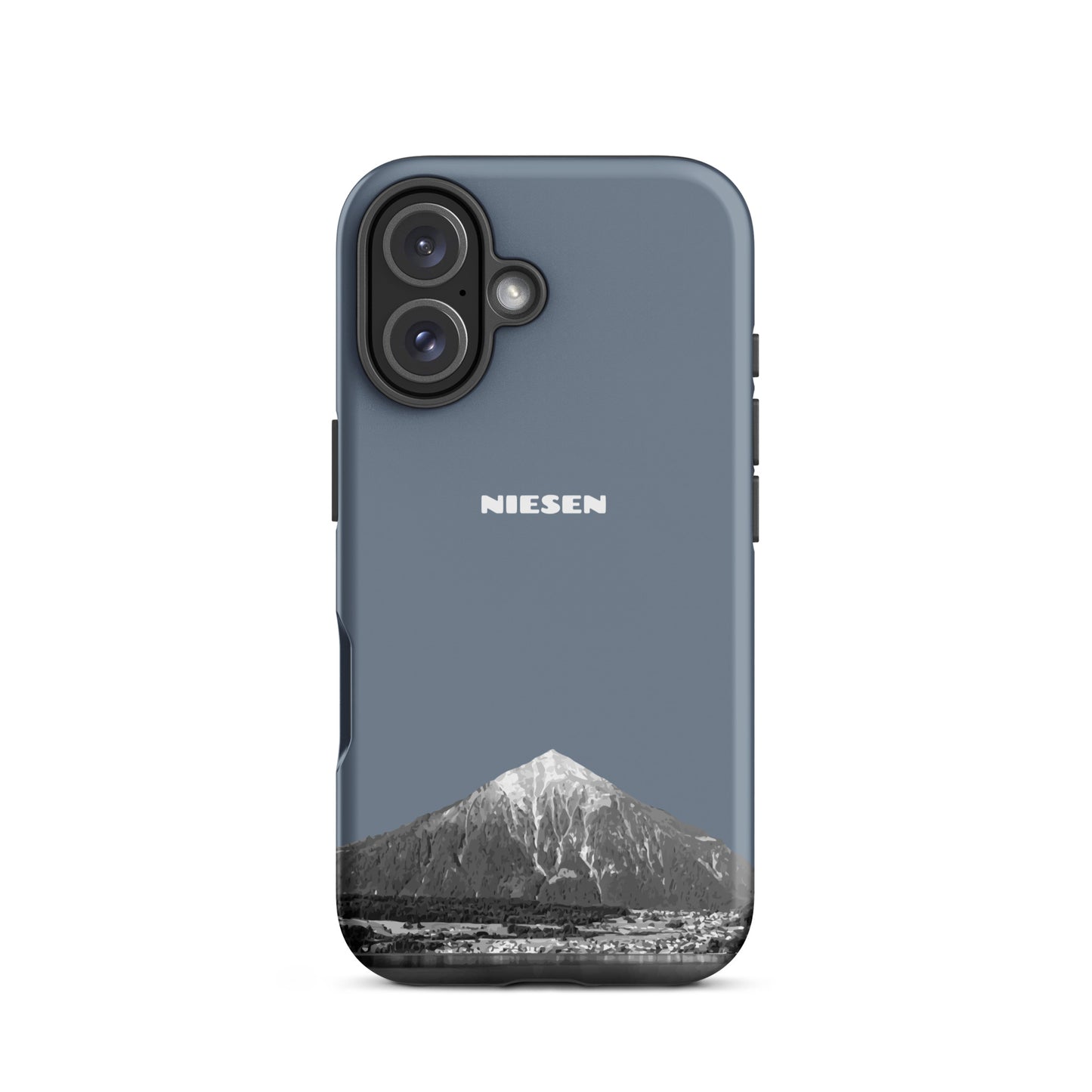 Schiefergraue iPhone 16 Handyhülle mit Niesen-Motiv, matt, robust, Berner Oberland Design