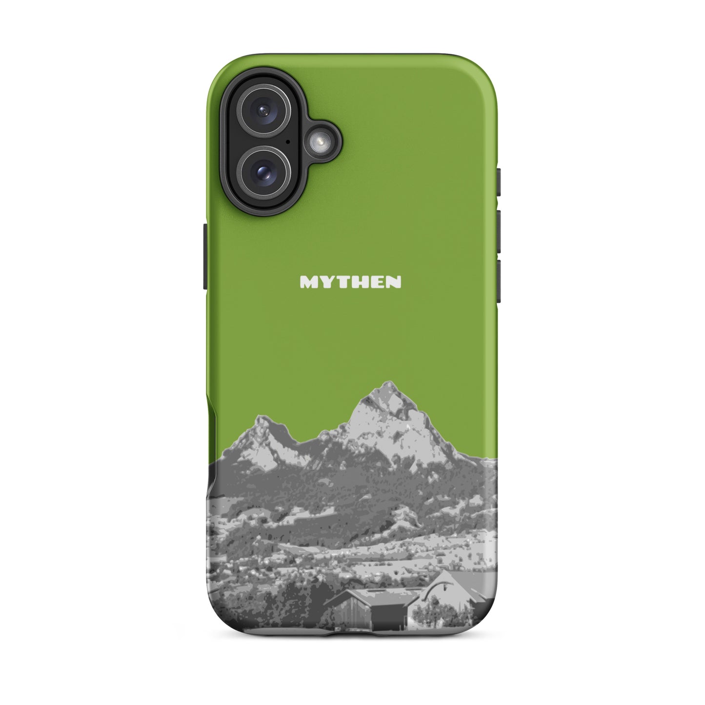 Gelbgrüne iPhone-Hülle mit Mythen-Motiv aus mattem Material, Vorderansicht.