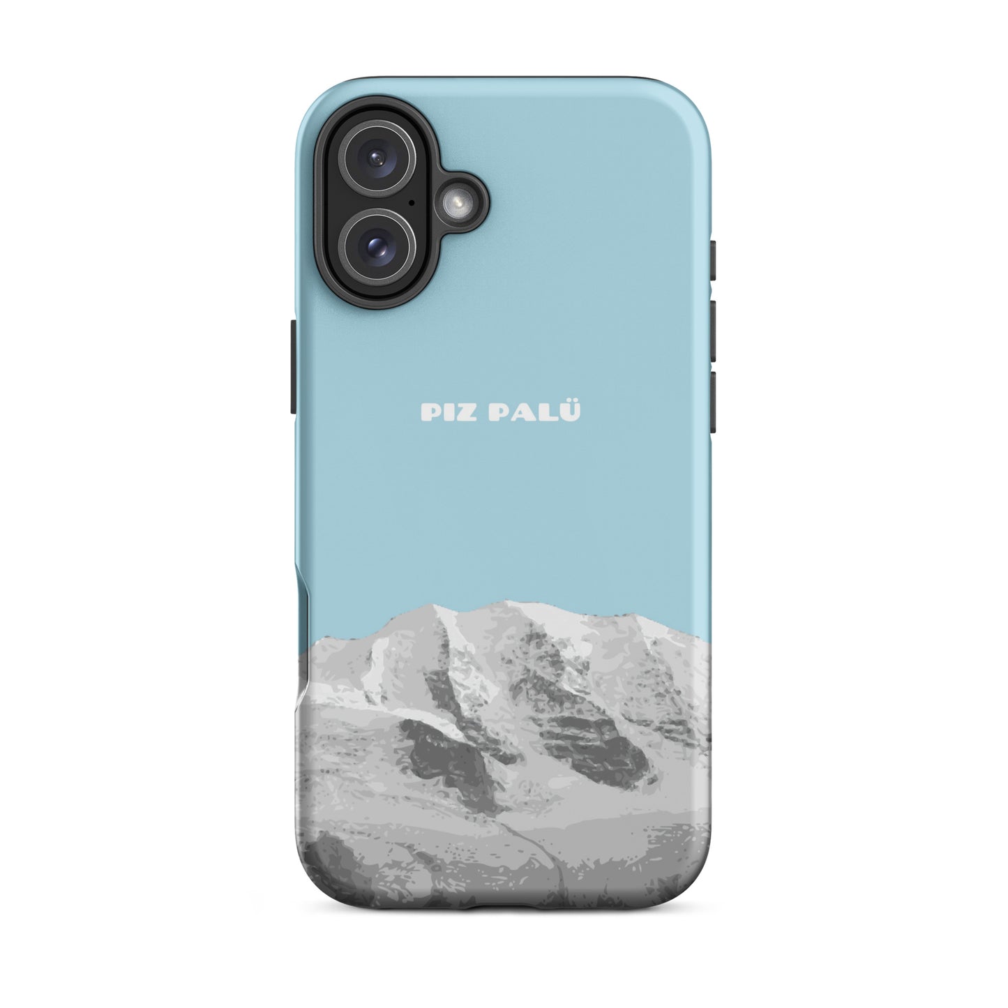 Handyhülle für iPhone 16 Plus in Hellblau mit strukturierter Oberfläche und Piz Palü Motiv.