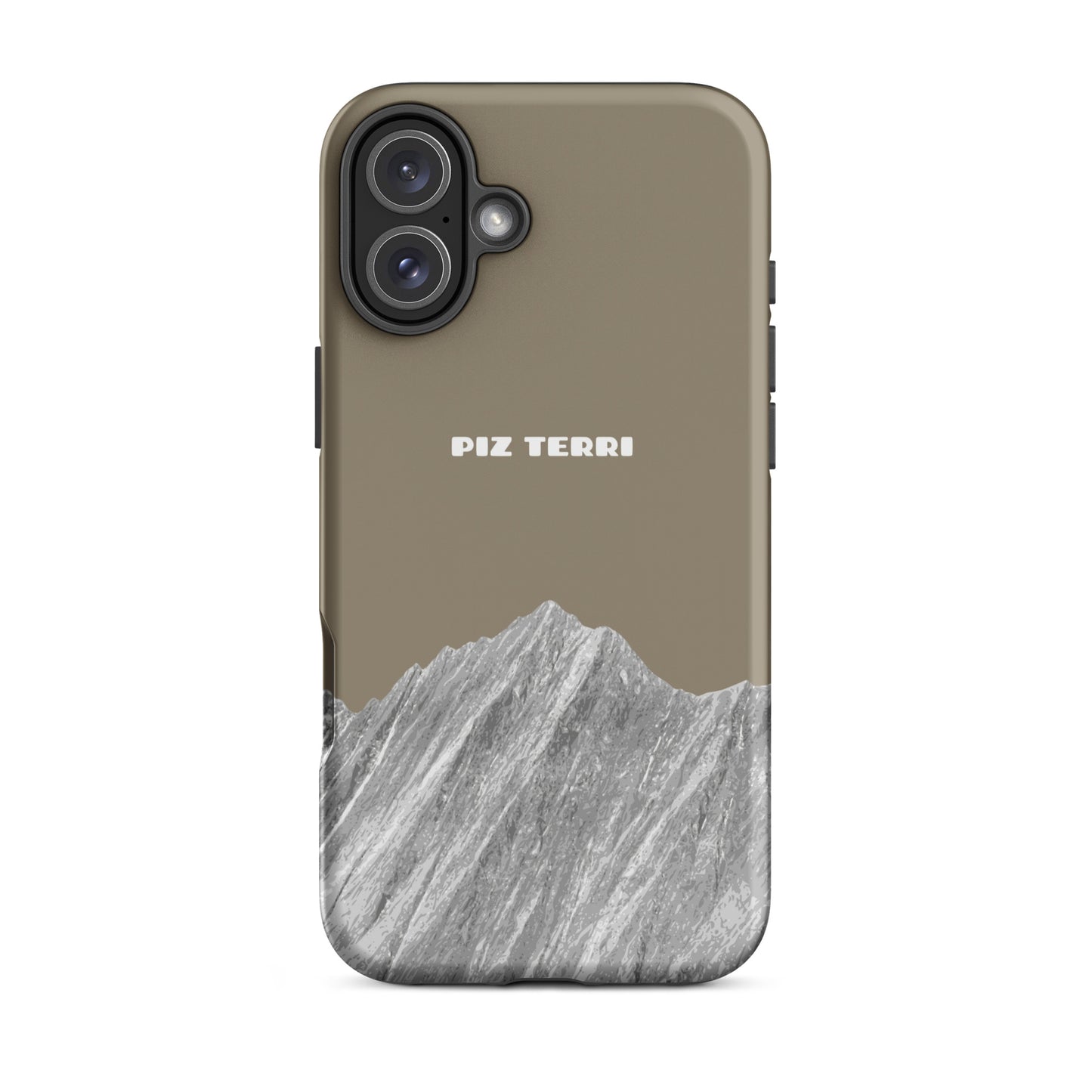 Matte iPhone 16 Plus Hülle in Graubraun mit Piz Terri Design, Vorderansicht