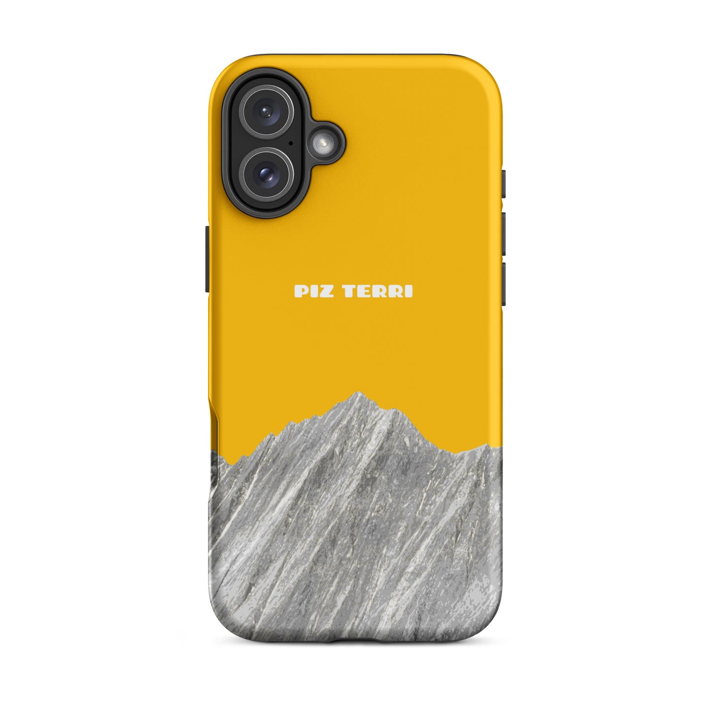 Matte iPhone 16 Plus Handyhülle in Goldgelb mit Piz Terri Motiv, robustes Design, Seitenansicht.