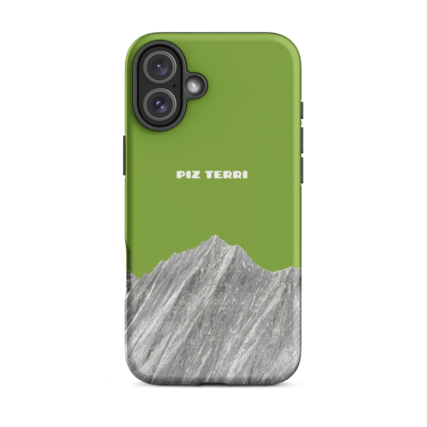 Gelbgrüne iPhone-Hülle mit Piz Terri Design, robuste Matte-Oberfläche, passend für iPhone 16 Plus.