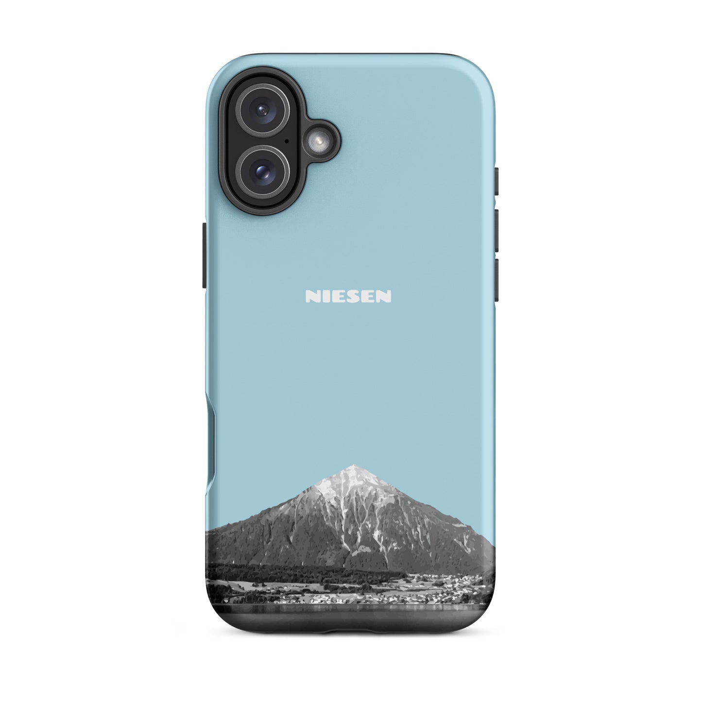 Matte Handyhülle für iPhone 16 Plus in Hellblau mit Niesen-Motiv und Thunersee-Druck.