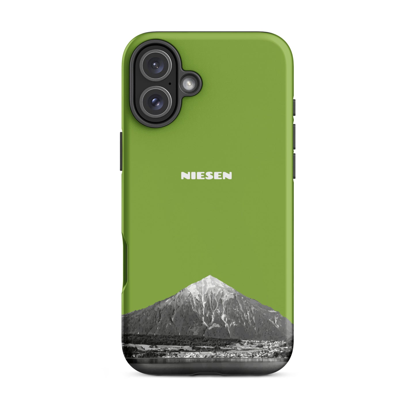 Gelbgrüne iPhone 16 Plus Handyhülle mit Niesen-Motiv am Thunersee, mattes Finish, stoßfest.