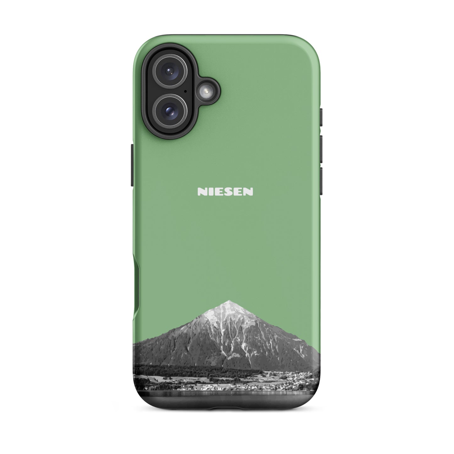 Matte Handyhülle für iPhone 16 Plus in Hellgrün mit Niesen-Motiv aus dem Berner Oberland.