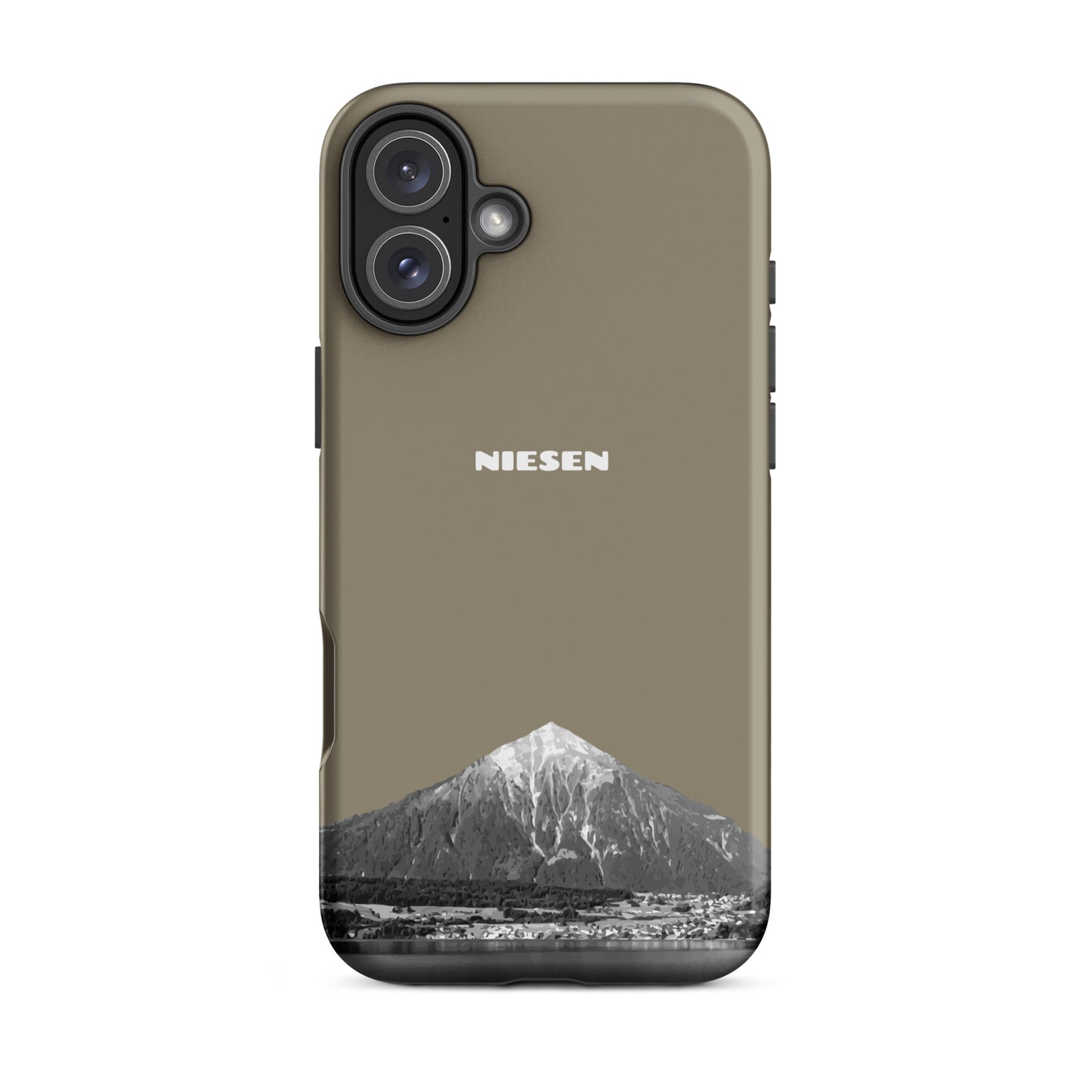 Graubraune iPhone 16 Plus Handyhülle mit matte Oberfläche und Niesen-Motiv aus dem Berner Oberland.