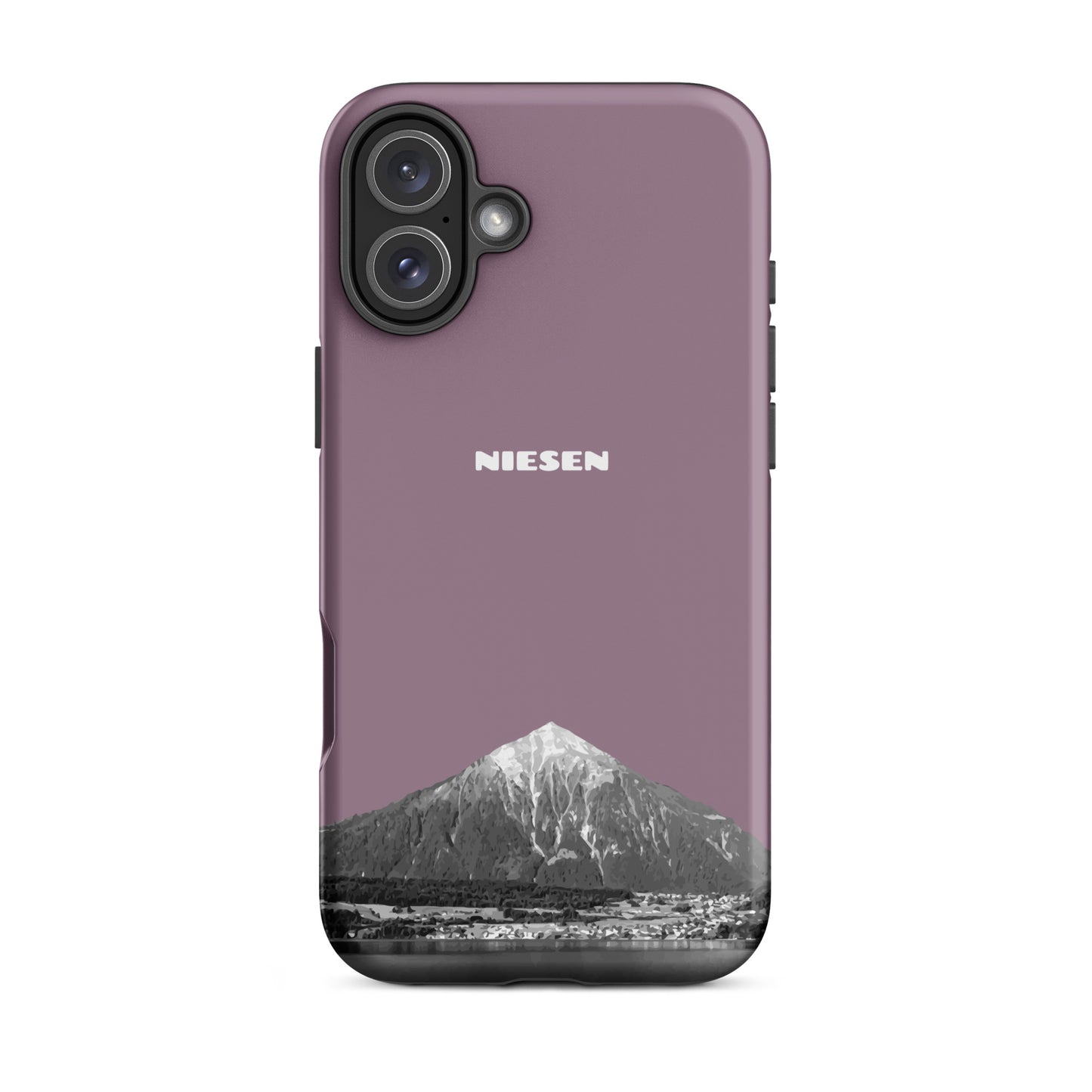 Pastellviolette iPhone 16 Plus Handyhülle mit Niesen-Motiv aus dem Berner Oberland. Mattierte Oberfläche.