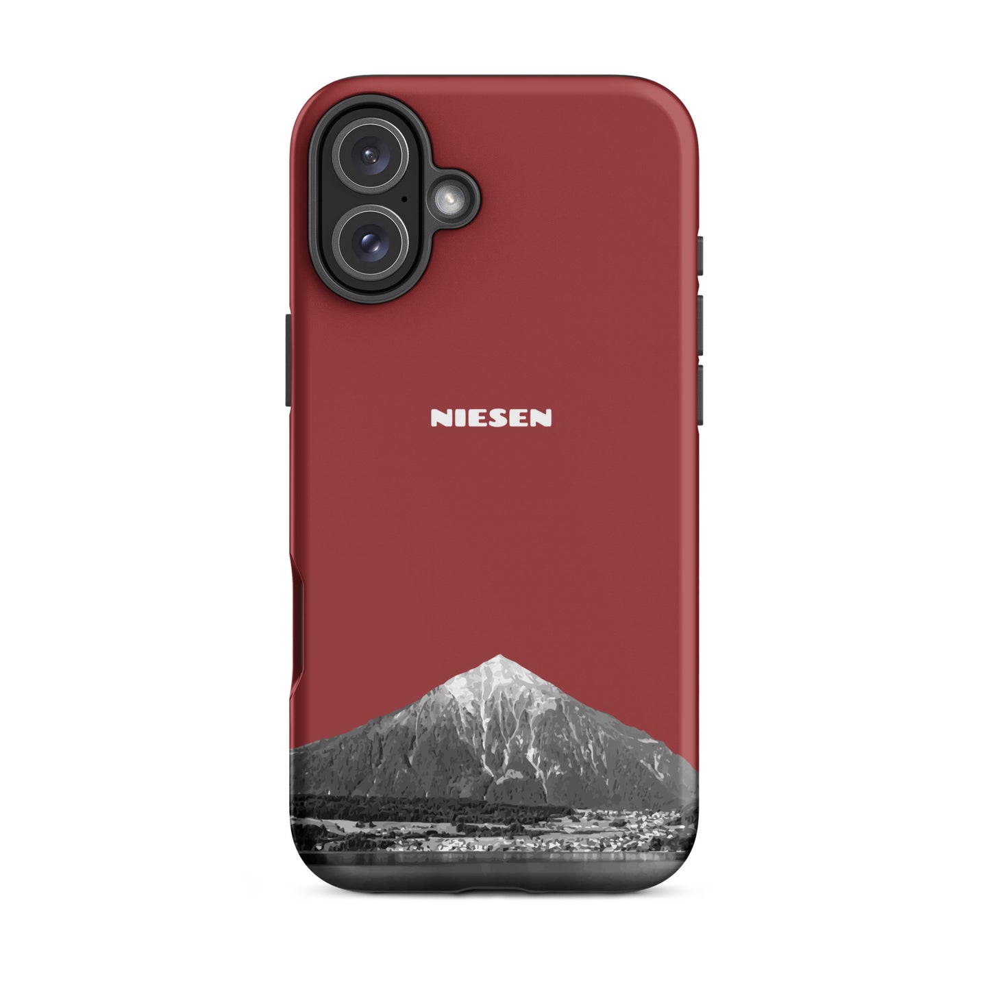 Rote iPhone 16 Plus Handyhülle mit Niesen-Motiv, matt, stoßfest, präzise Aussparungen.