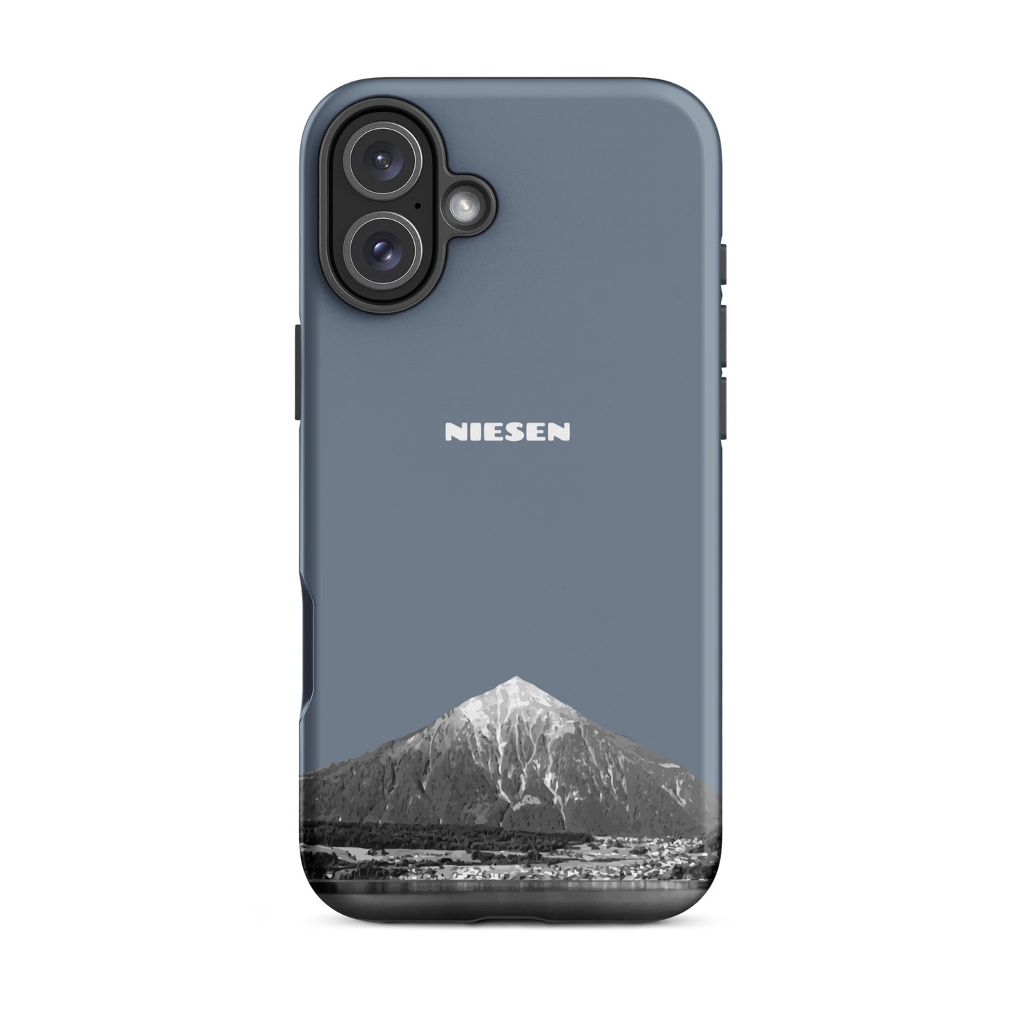 Schiefergraue iPhone 16 Plus Hülle mit matte Oberfläche und Niesen-Motiv aus dem Berner Oberland.